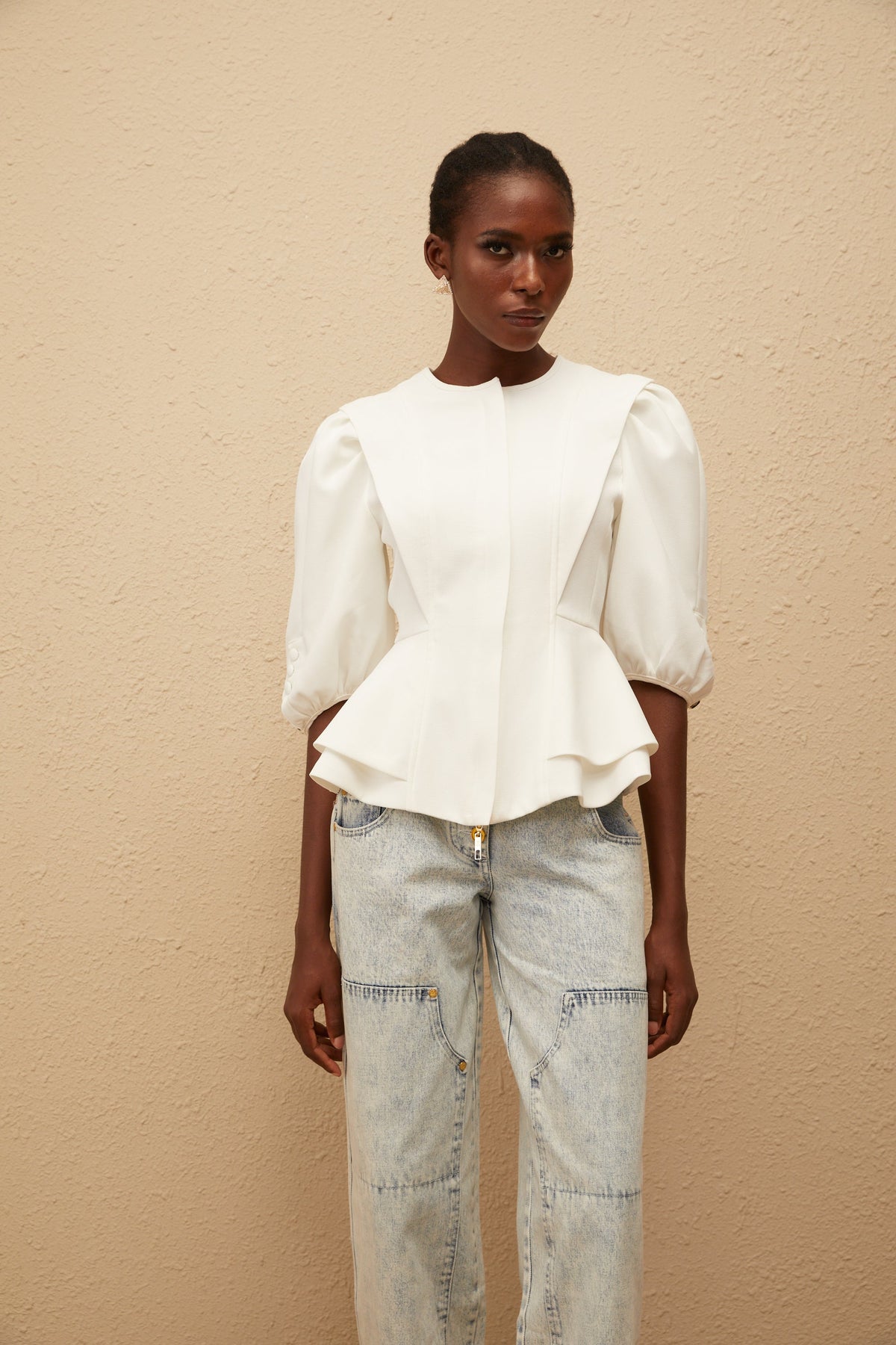 Gwenaëlle White Peplum Waist Blouse (Final Sale-US Only)