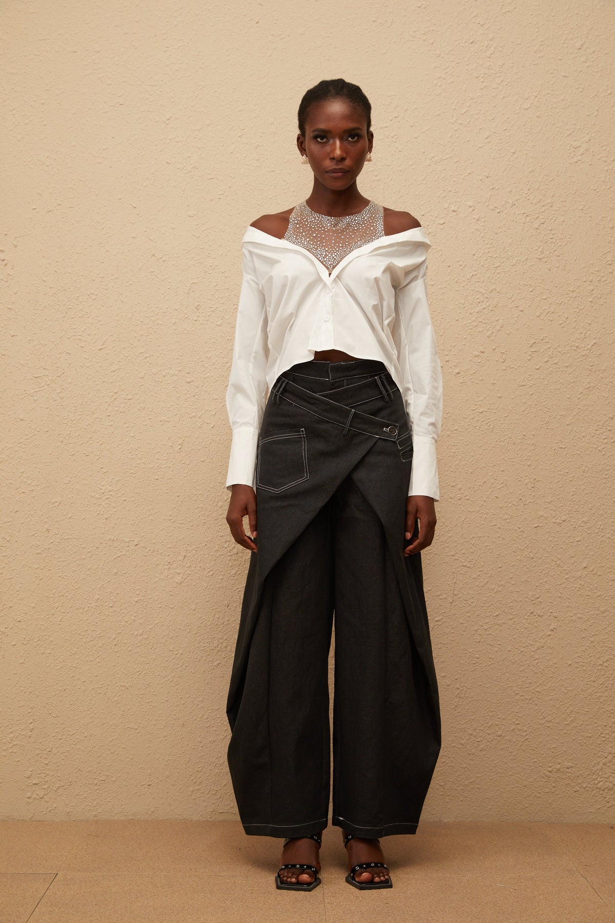 Fernande White Rhinestone Mesh Panel Shirt