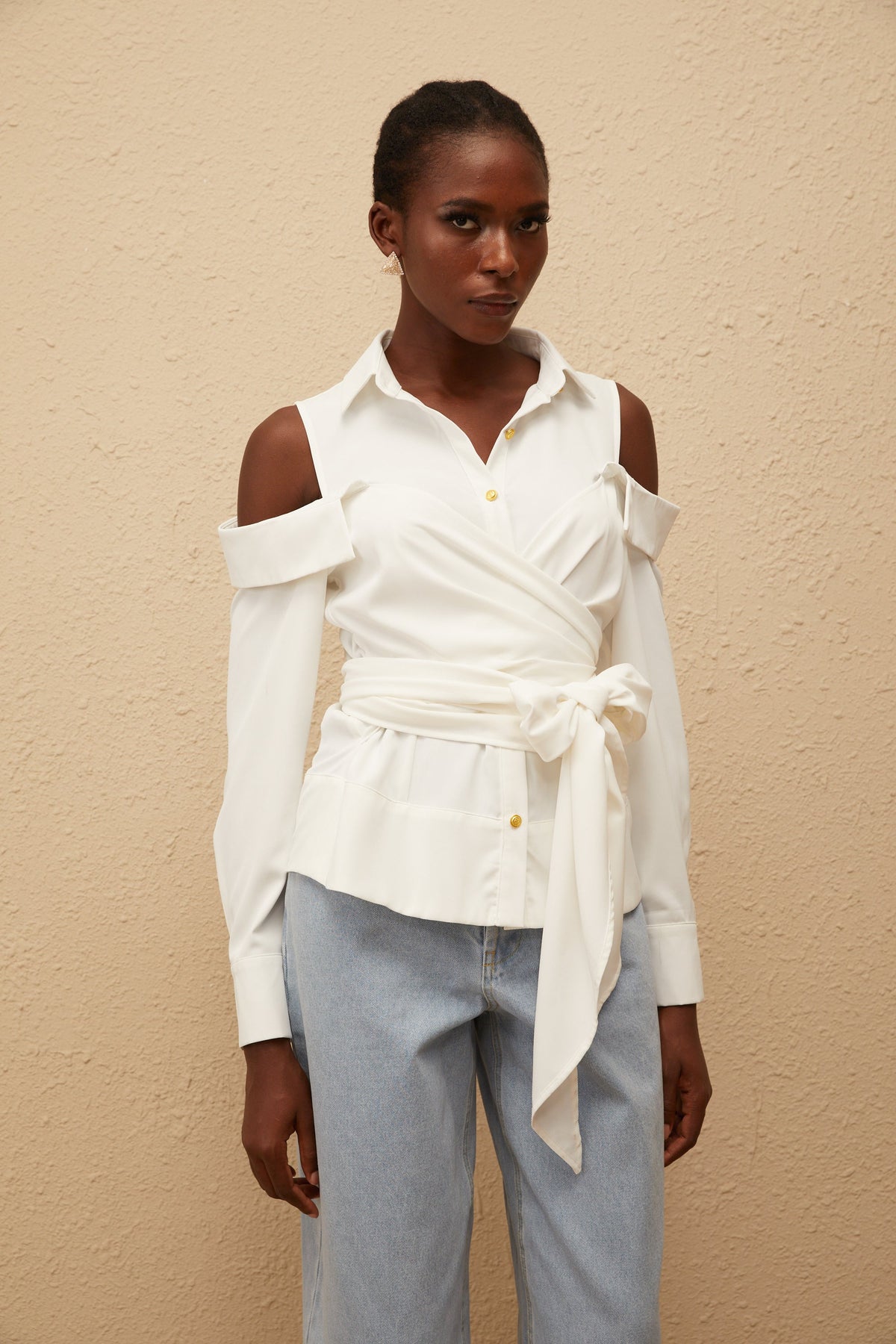 Valérie White Cold Shoulder Self Tie Shirt