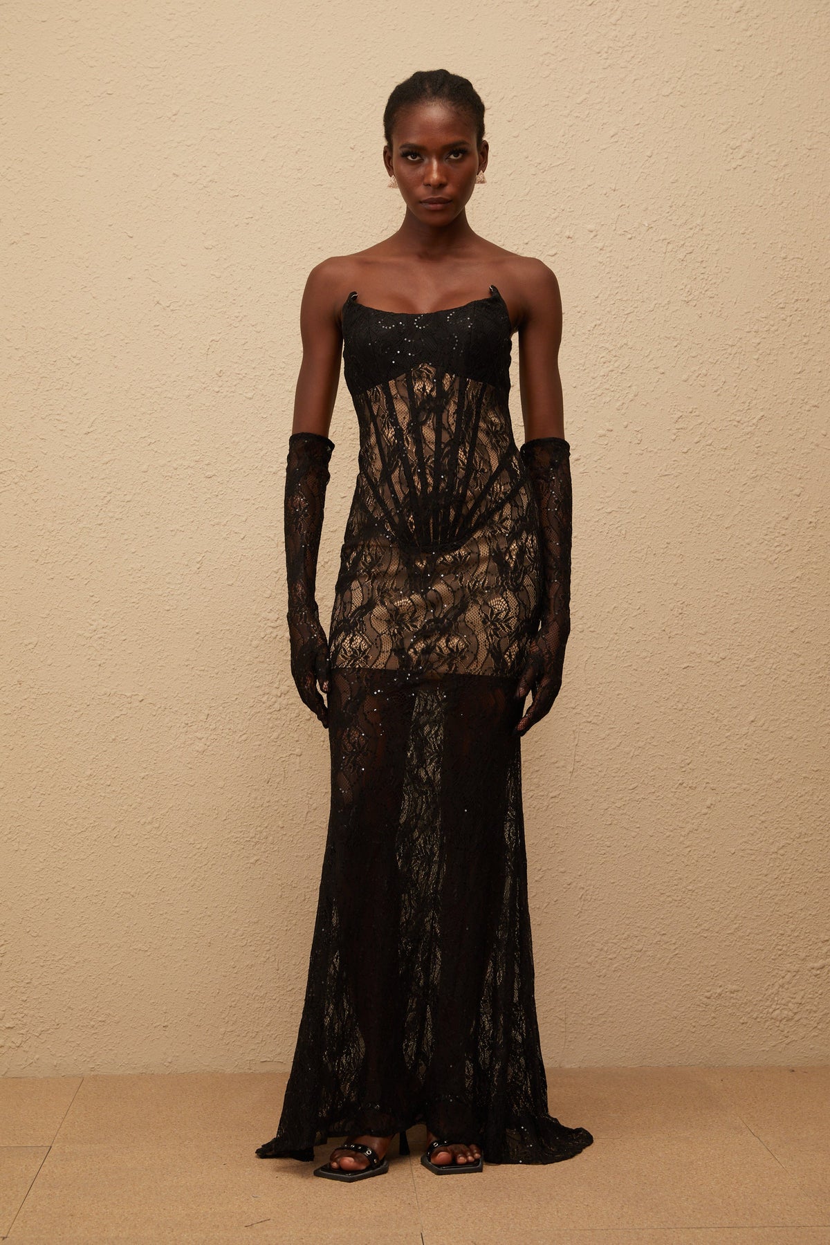 Bertille Black Floral Lace Corset Maxi Dress (Final Sale)