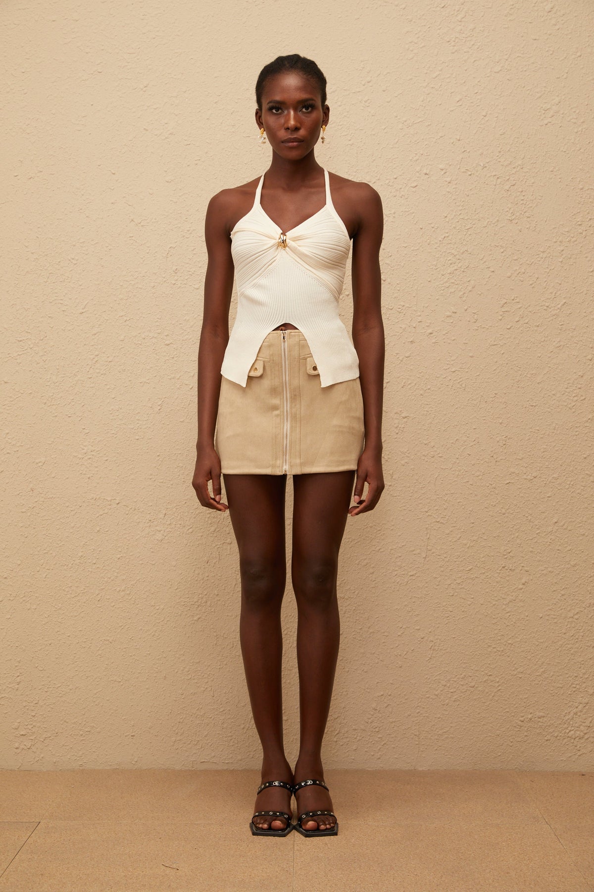 Quitterie Ribbed Knit Top & Suede Skirt Set