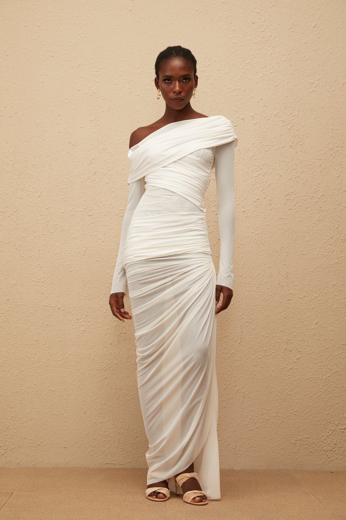 Melanie White Asymmetrical Ruched Mesh Maxi Dress (Final Sale-US Only)