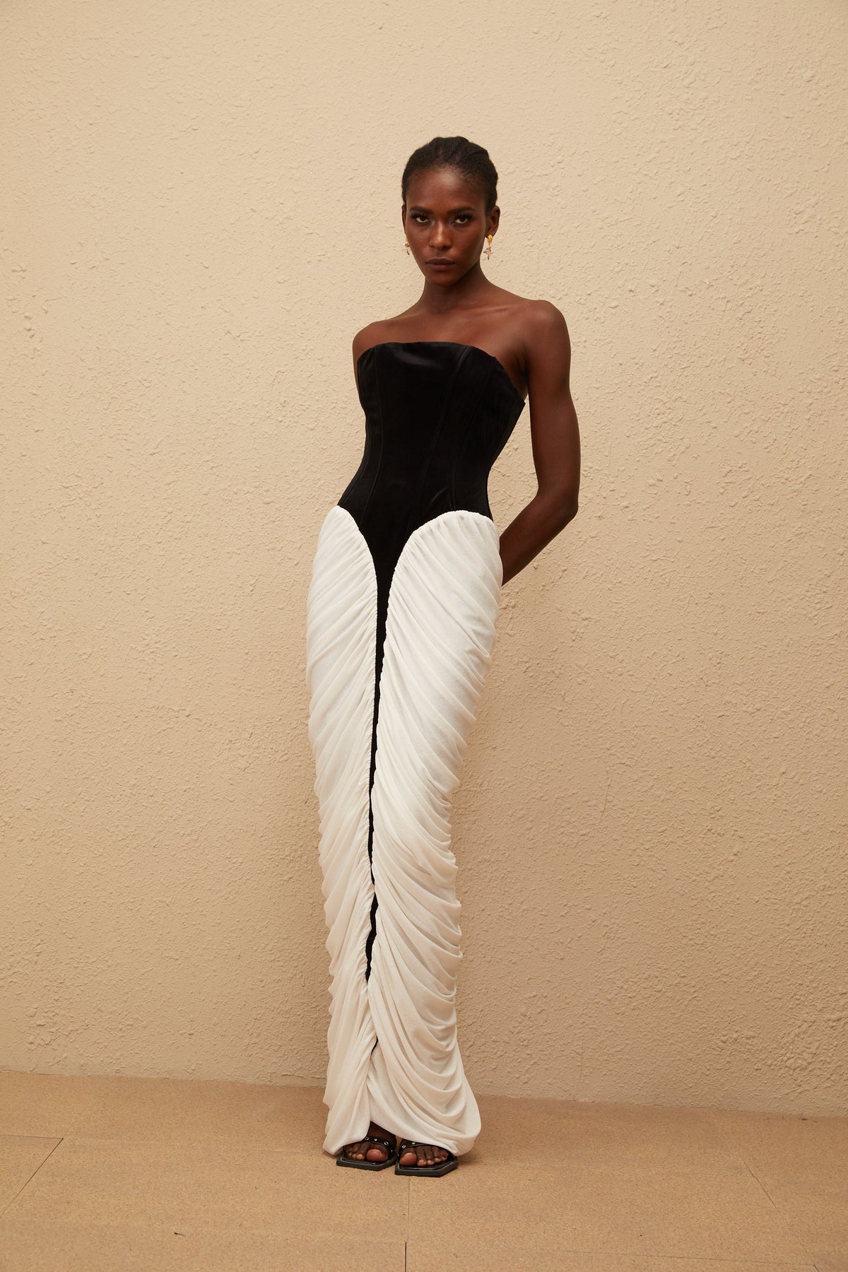 Iris Black Velvet Panel Ruched Maxi Dress (Final Sale)