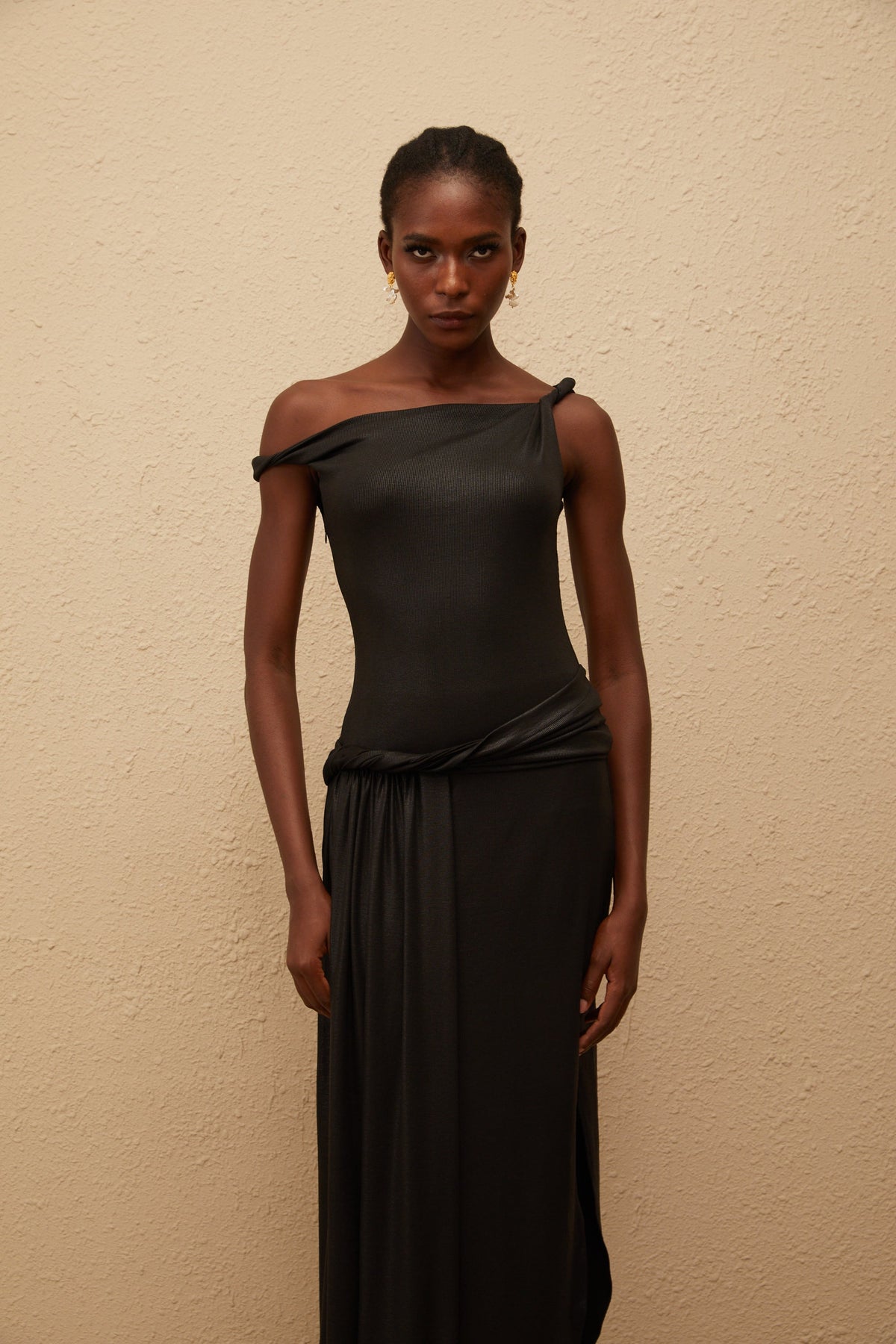 Samantha Black Asymmetrical Gathered Maxi Dress