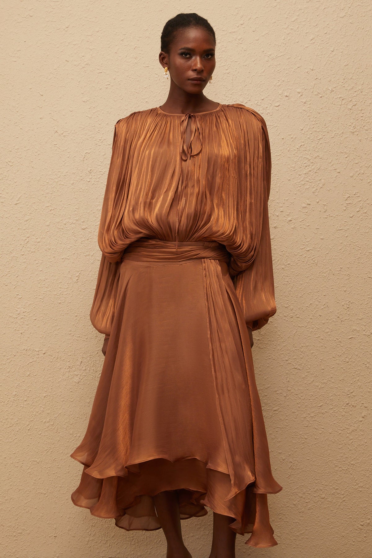 Eugénie Pleated Ruffle Maxi Dress in Brown (Final Sale-US Only)
