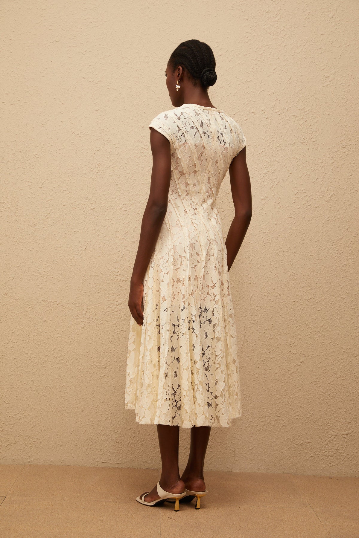 Adèle Neutral Floral Lace Midi Dress