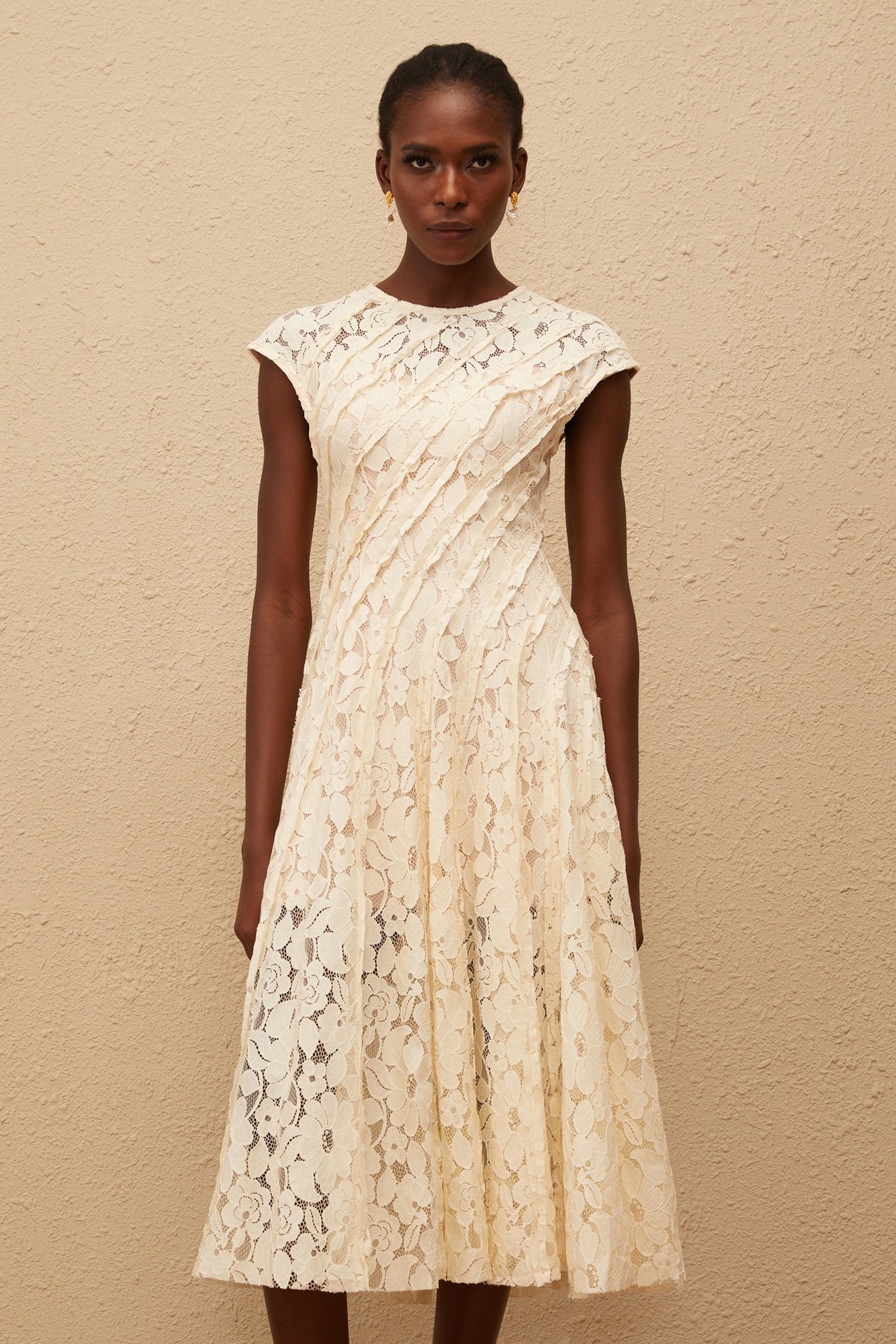 Adèle Neutral Floral Lace Midi Dress