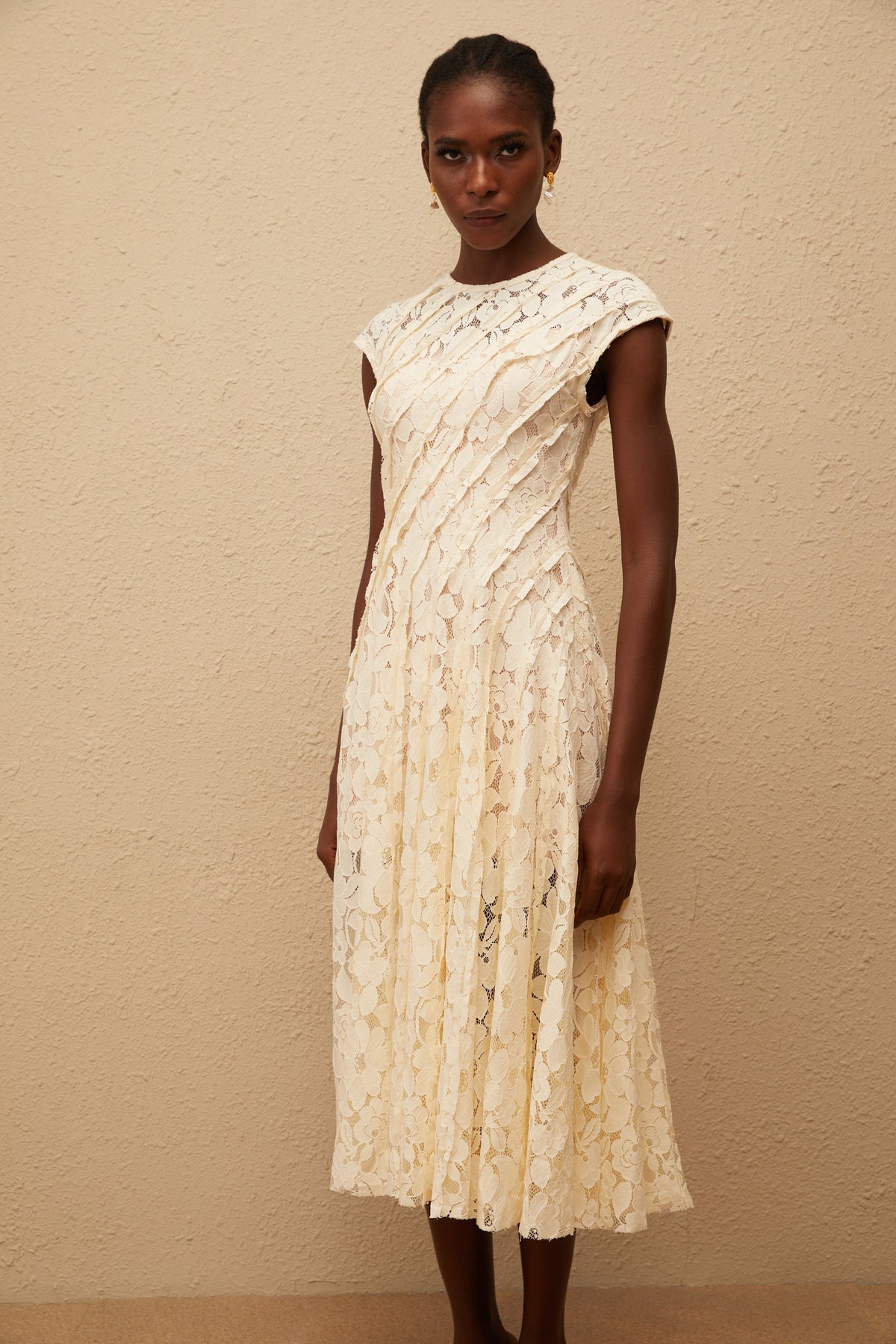 Adèle Neutral Floral Lace Midi Dress