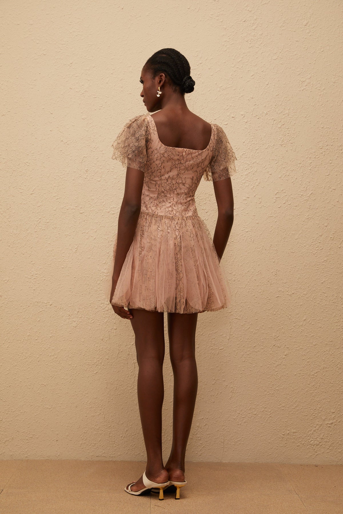 Gaëtane Brown Tulle Panel Lace Mini Dress