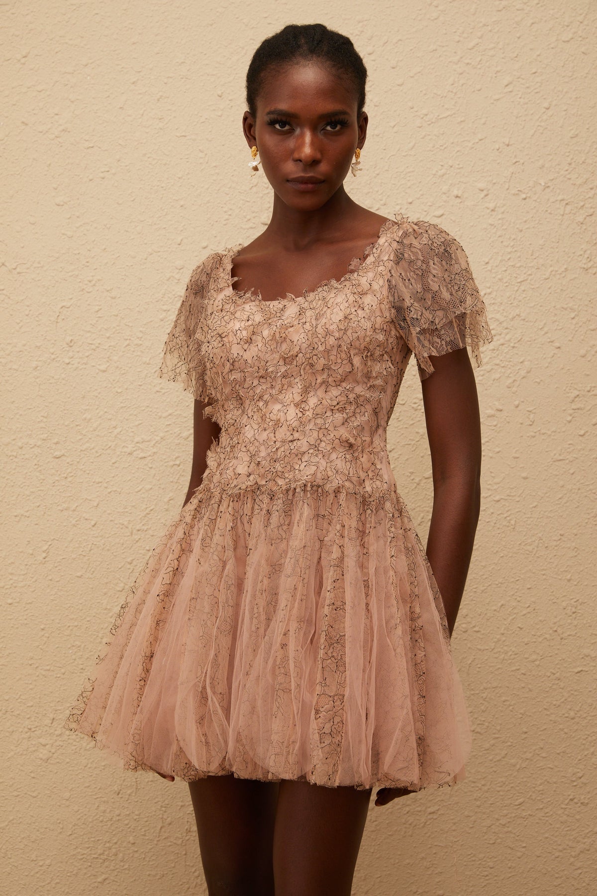 Gaëtane Brown Tulle Panel Lace Mini Dress