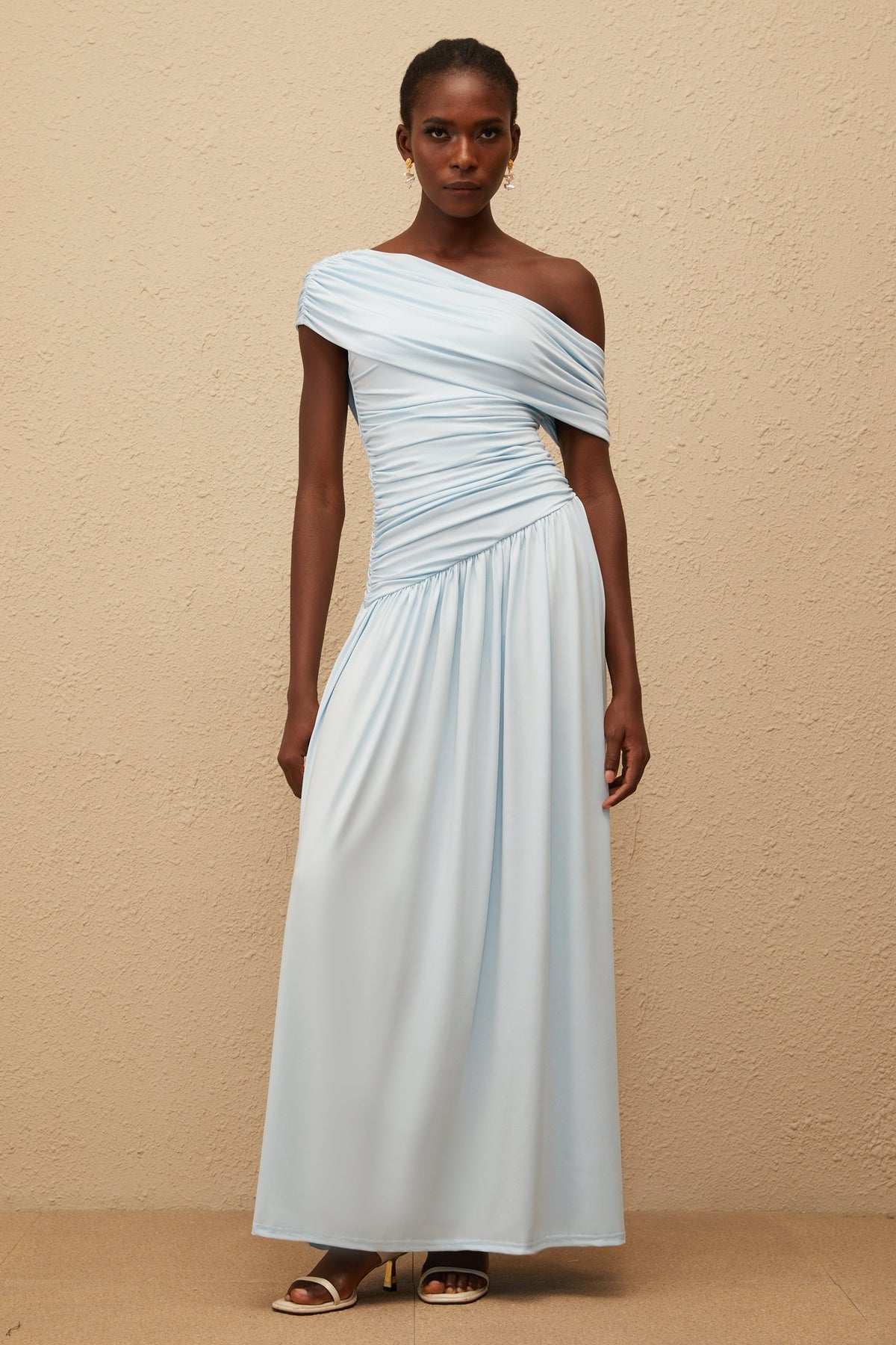 Lueur Blue One Shoulder Ruched Maxi Dress (Final Sale)