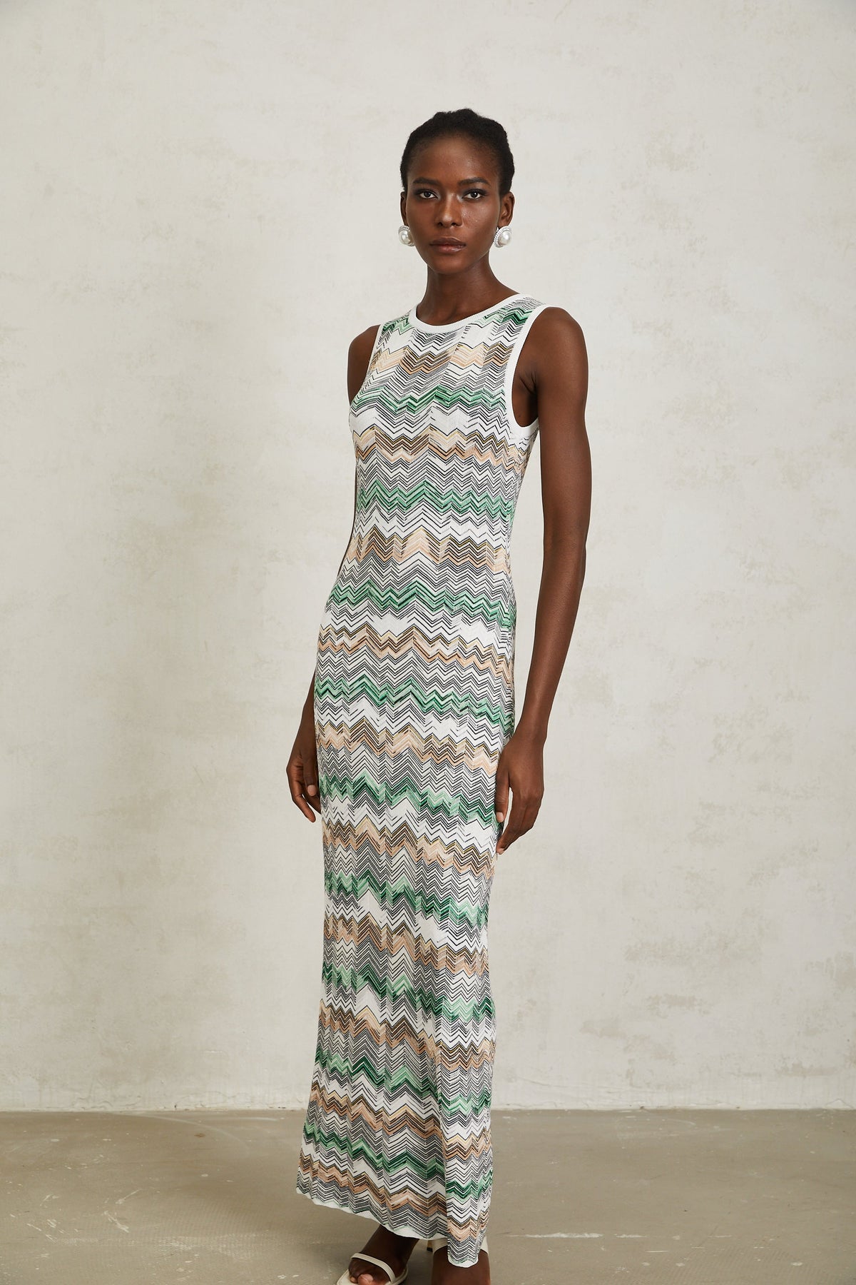 Manon Green Zigzag Woven Knit Maxi Dress