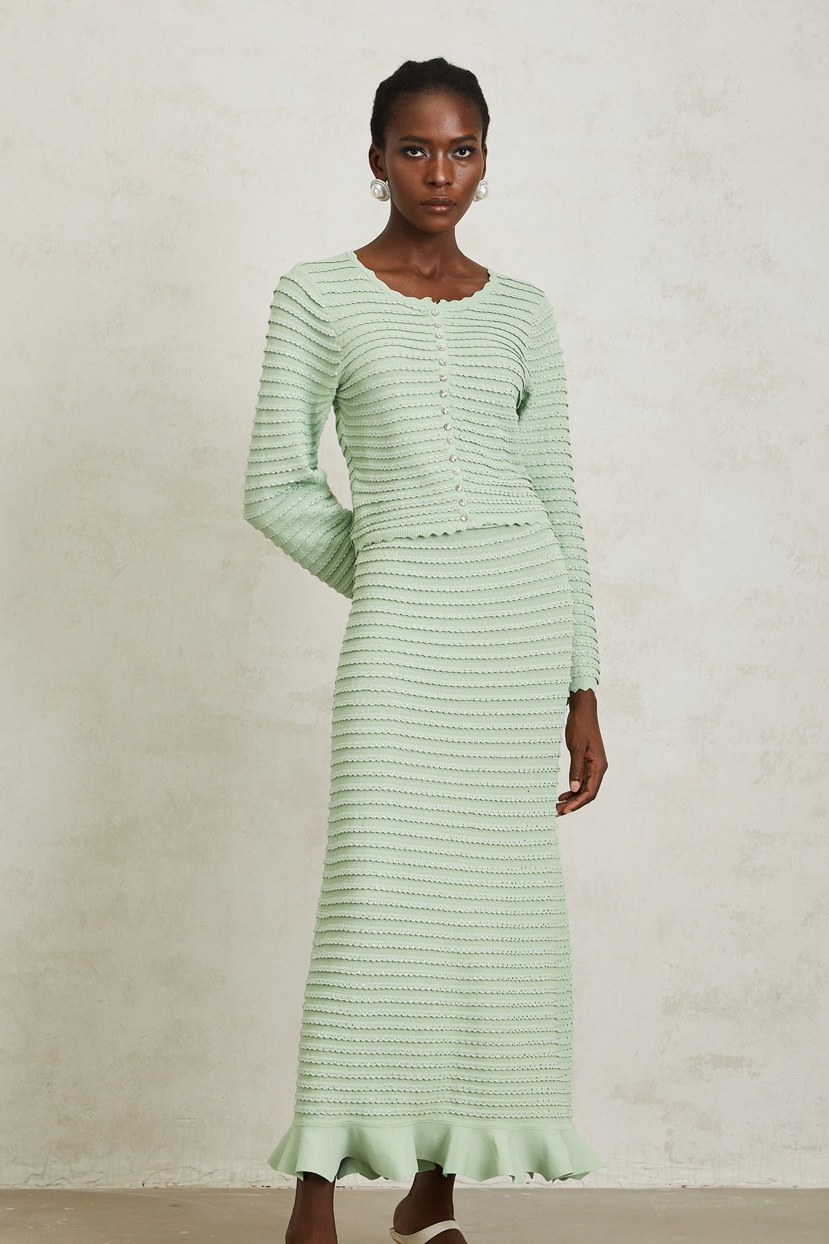 Colette Green Rhinestone Wavy Knit Cardigan & Skirt Set
