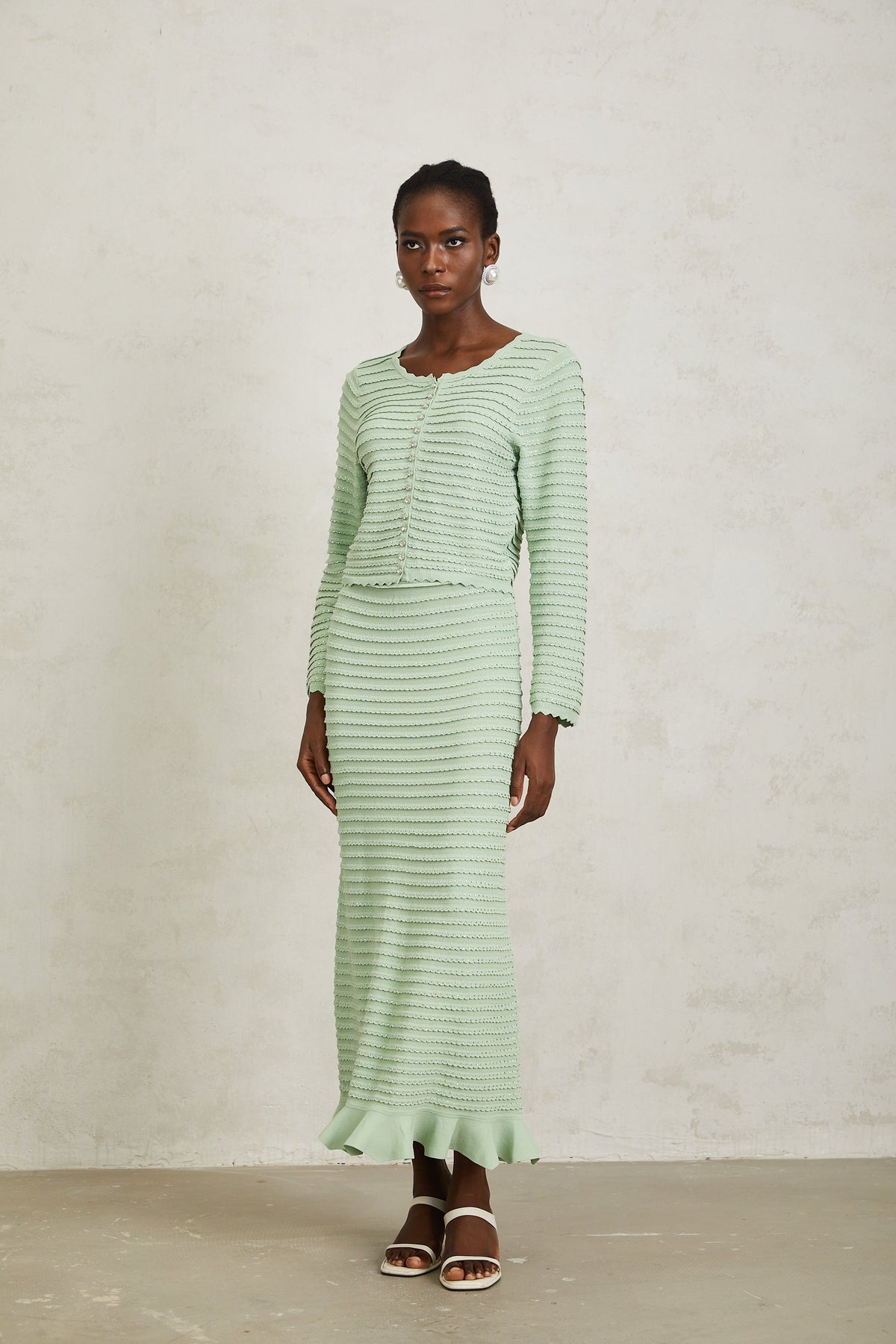 Colette Green Rhinestone Wavy Knit Cardigan & Skirt Set (Final Sale-US Only)