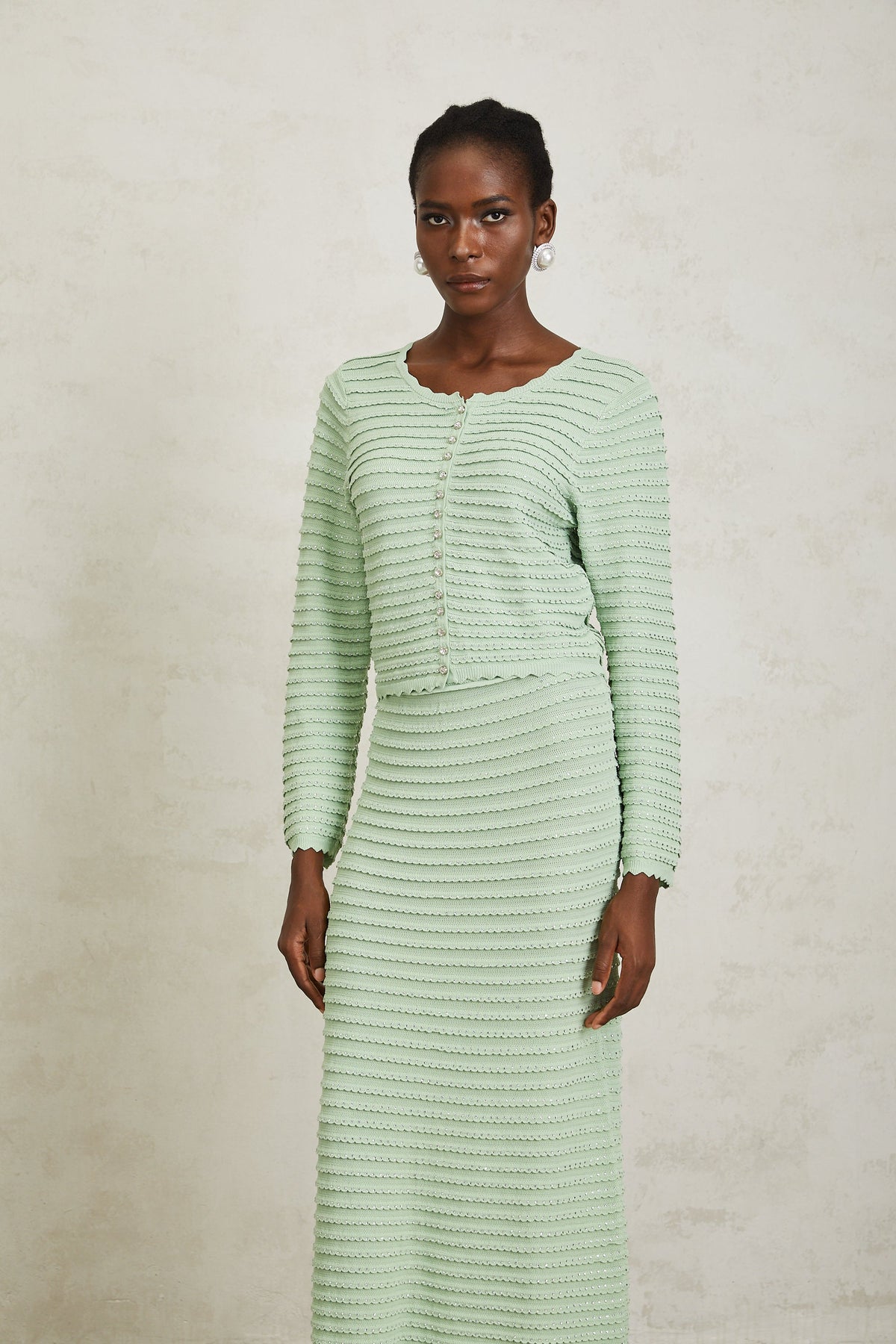 Colette Green Rhinestone Wavy Knit Cardigan & Skirt Set
