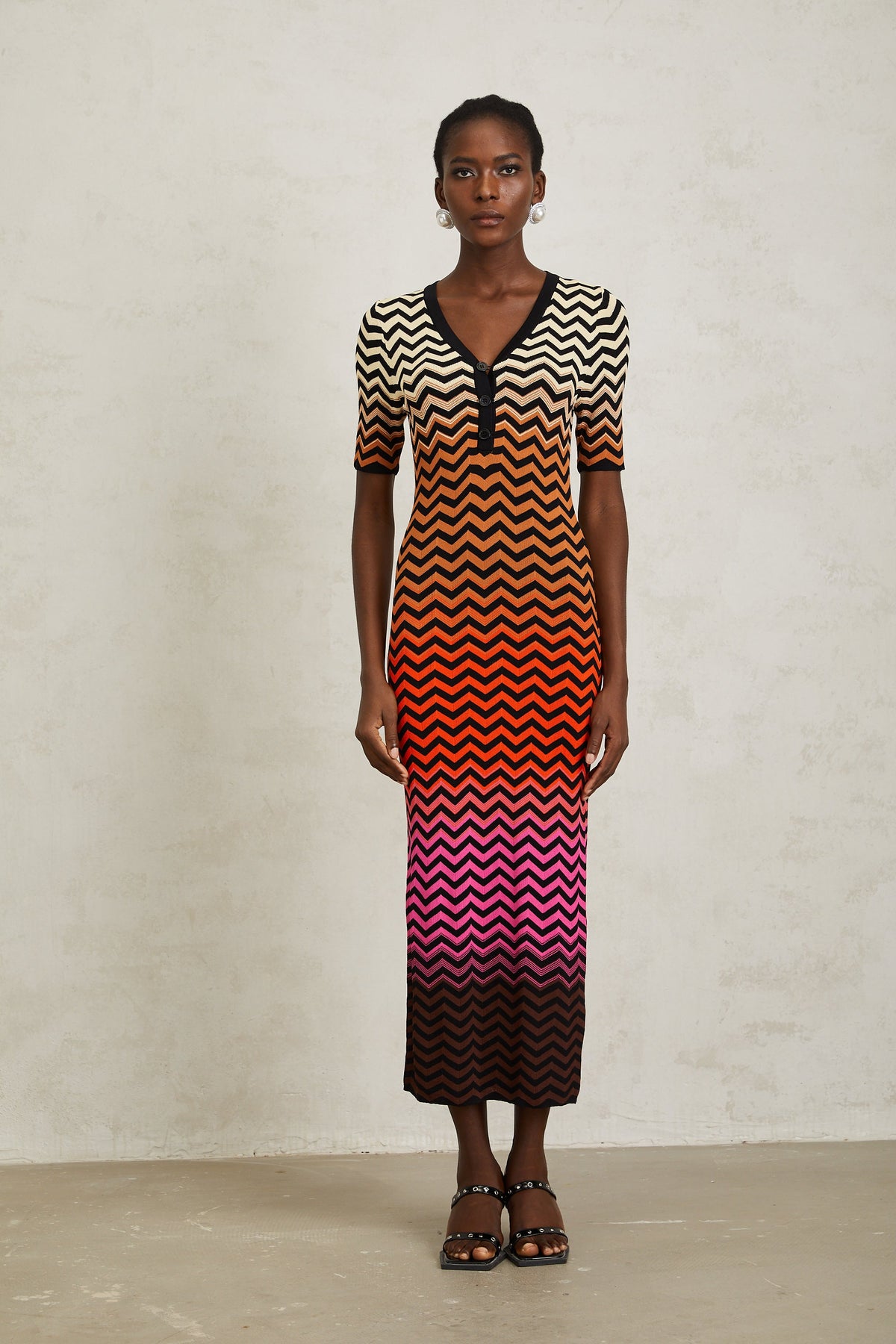 Charitina Brown Gradient Zigzag Knit Midi Dress