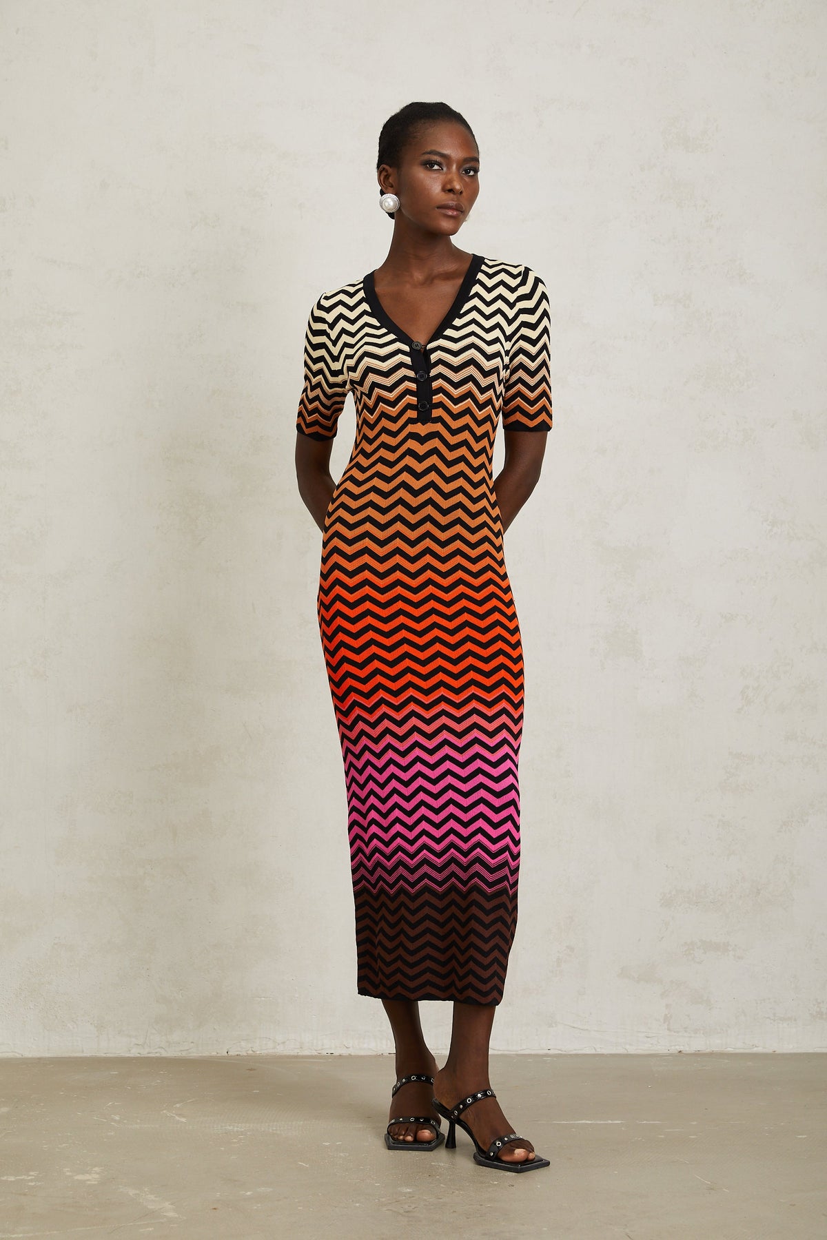Charitina Brown Gradient Zigzag Knit Midi Dress