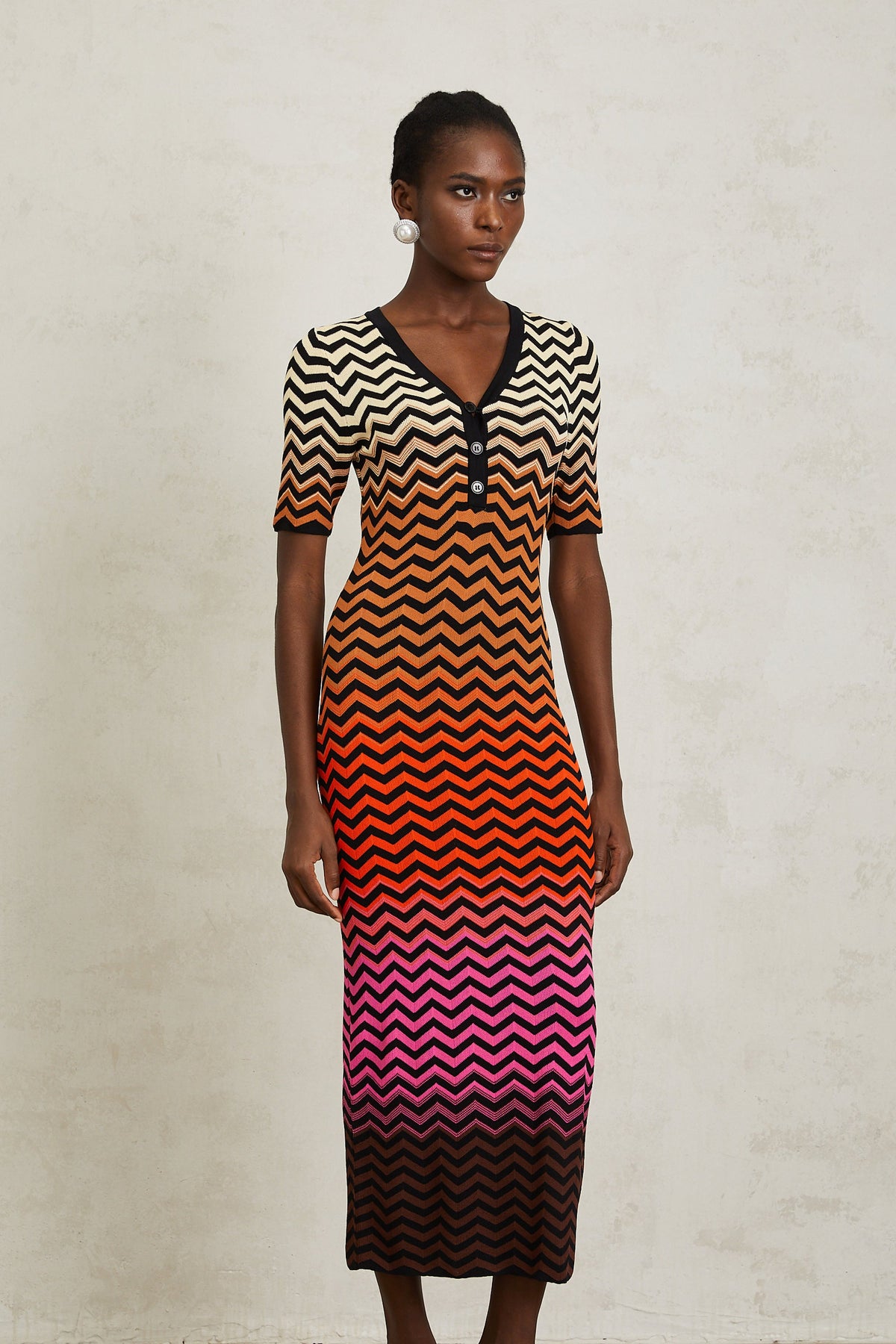 Charitina Brown Gradient Zigzag Knit Midi Dress (Final Sale-US Only)