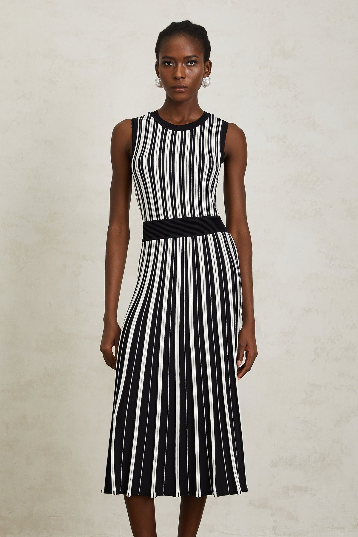 Capucine Black Vertical Striped Knit Midi Dress