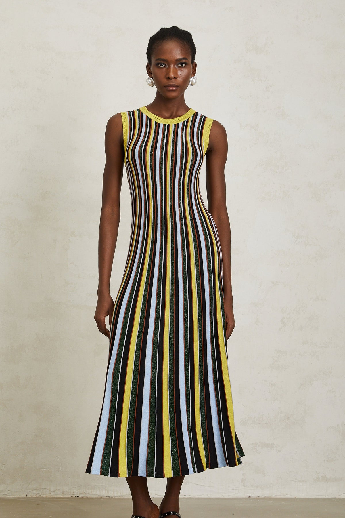 Clémence Yellow Vertical Striped Knit Midi Dress
