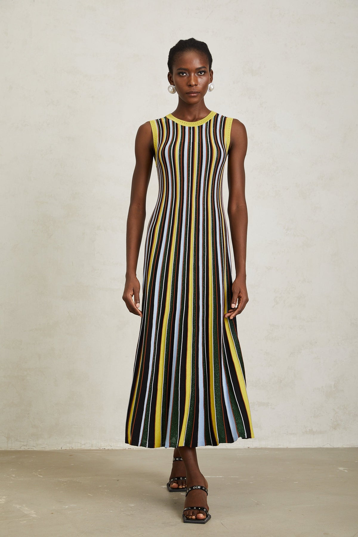 Clémence Yellow Vertical Striped Knit Midi Dress