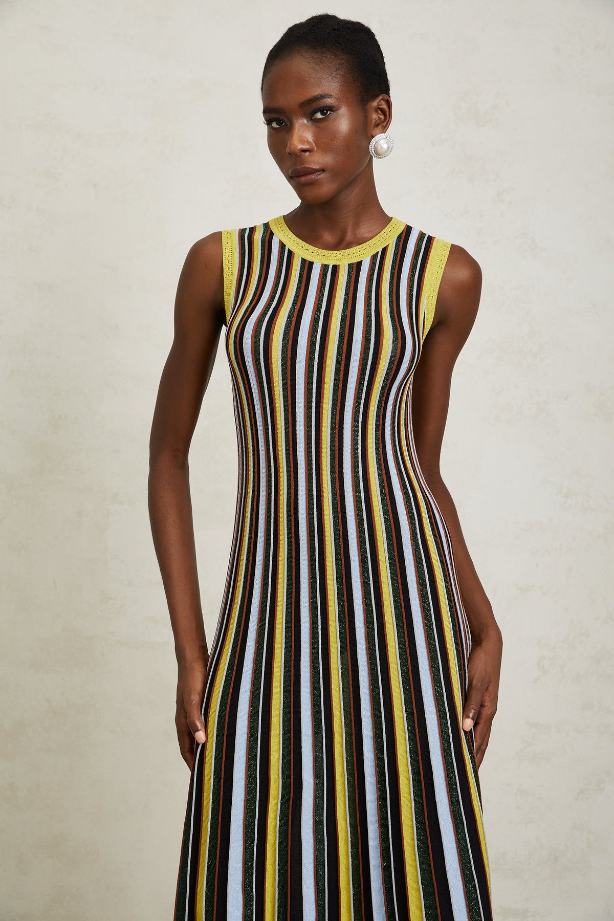 Clémence Yellow Vertical Striped Knit Midi Dress