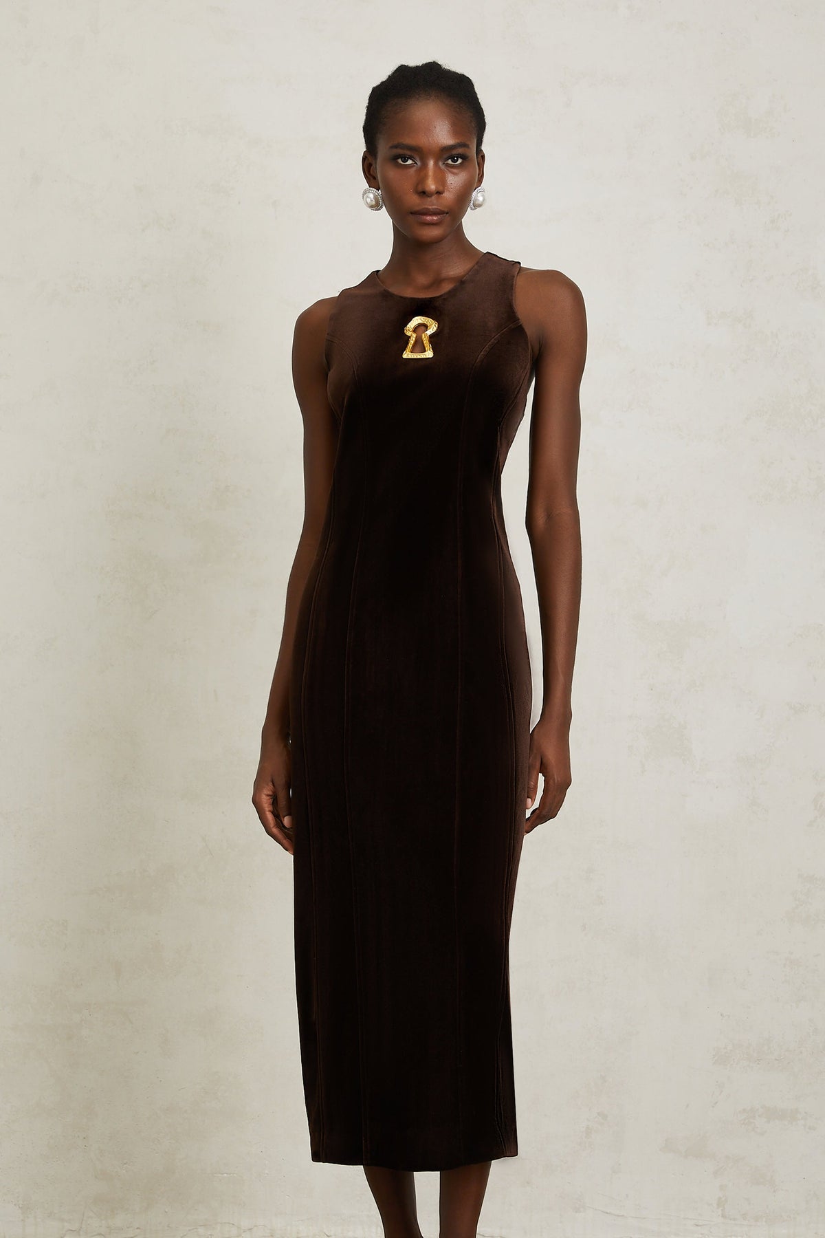 Ysandre Brown Keyhole Velvet Midi Dress