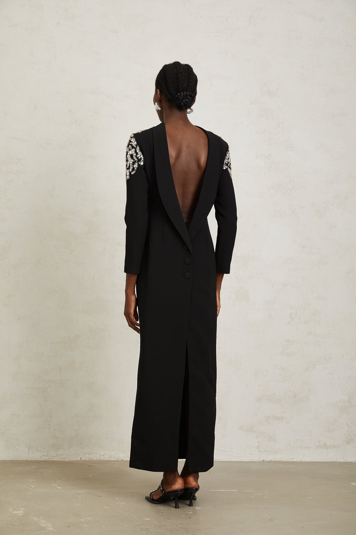Lidia Black Open Back Embellished Maxi Dress