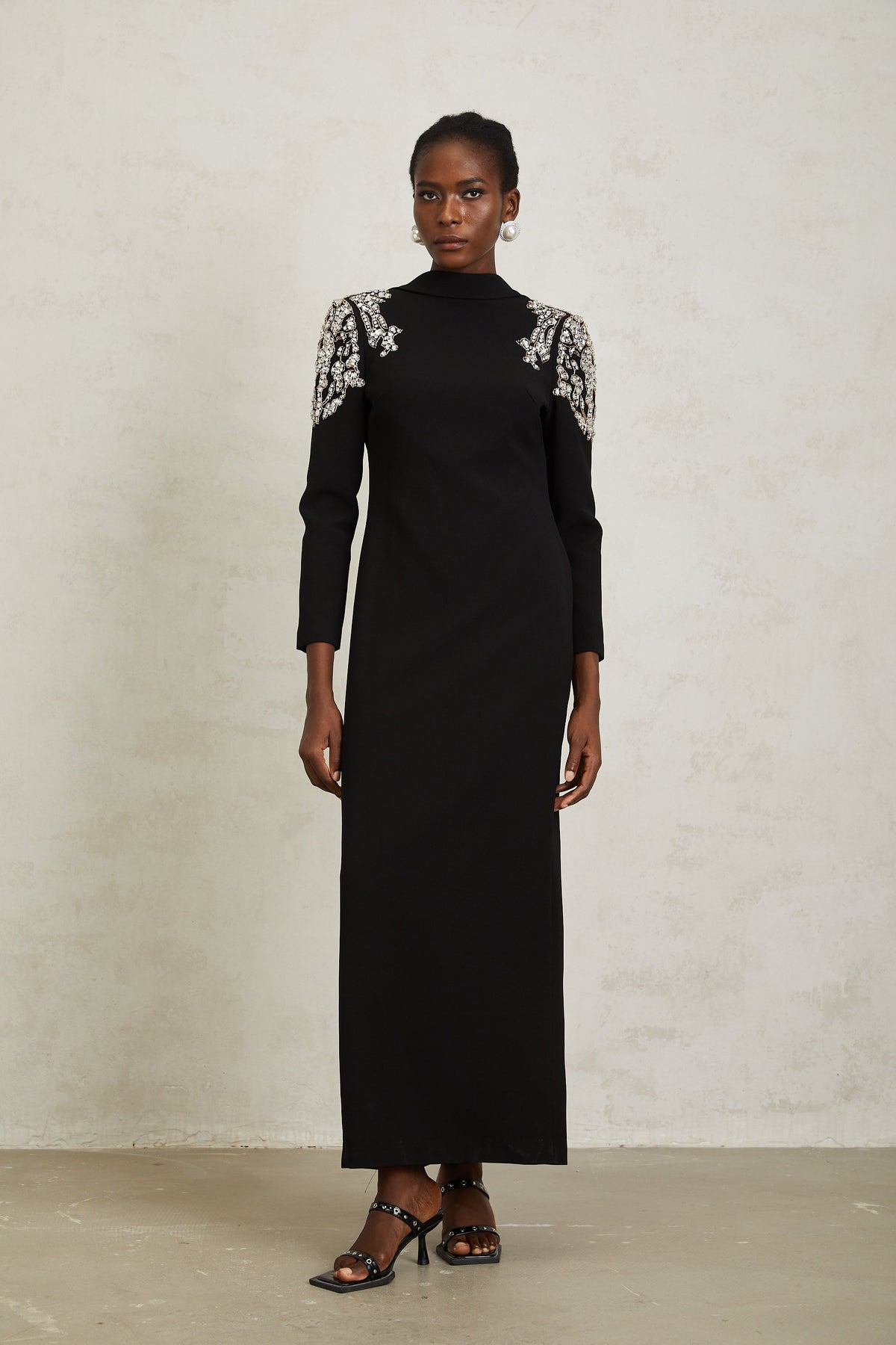 Lidia Black Open Back Embellished Maxi Dress