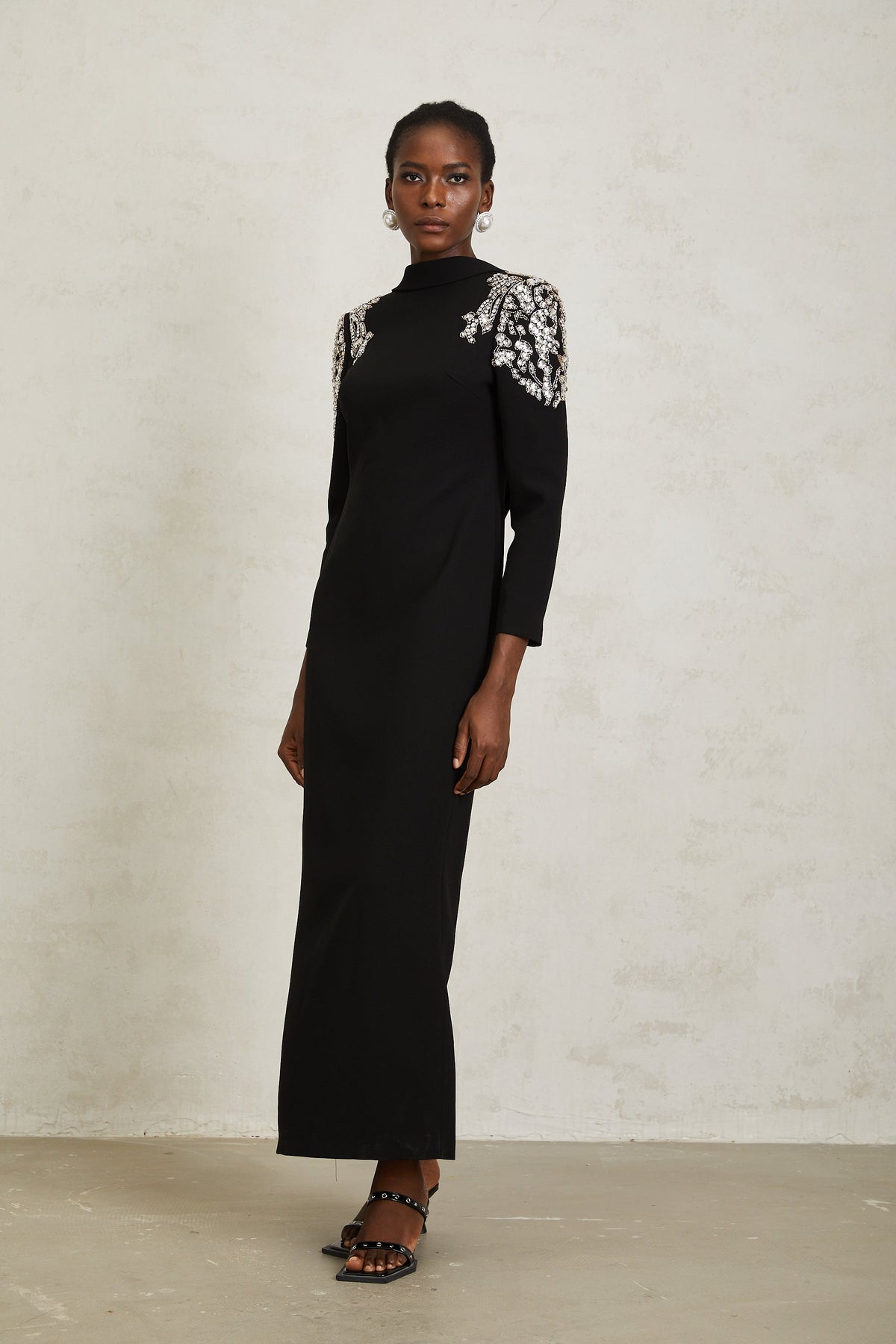 Lidia Black Open Back Embellished Maxi Dress
