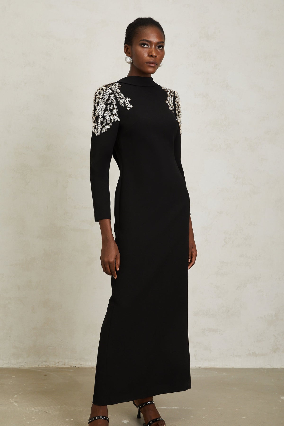 Lidia Black Open Back Embellished Maxi Dress