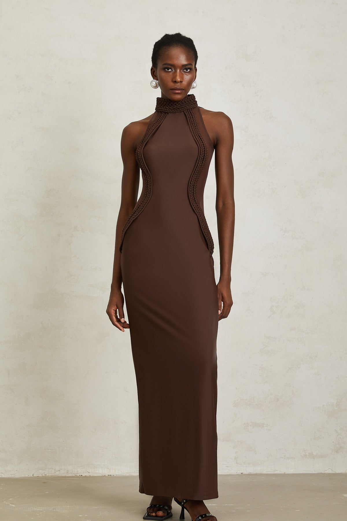 Gabriela Brown Halterneck Braid Detail Maxi Dress