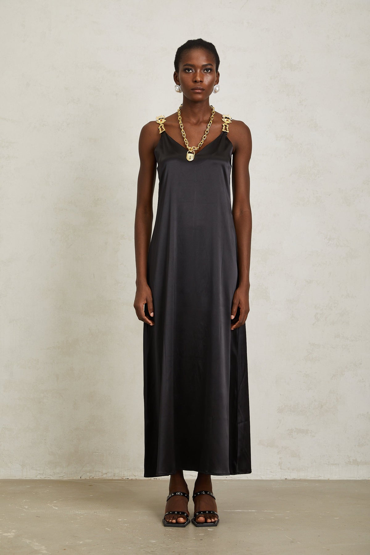 Ysandre Black Chain Detail Satin Midi Dress