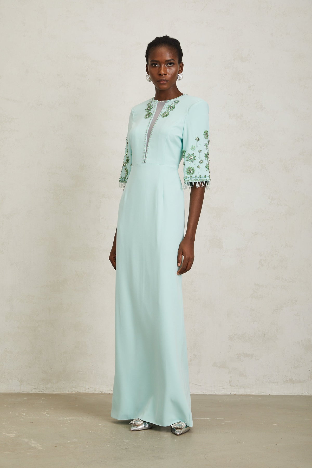 Manuela Mint Green Crystal Embellished Maxi Dress