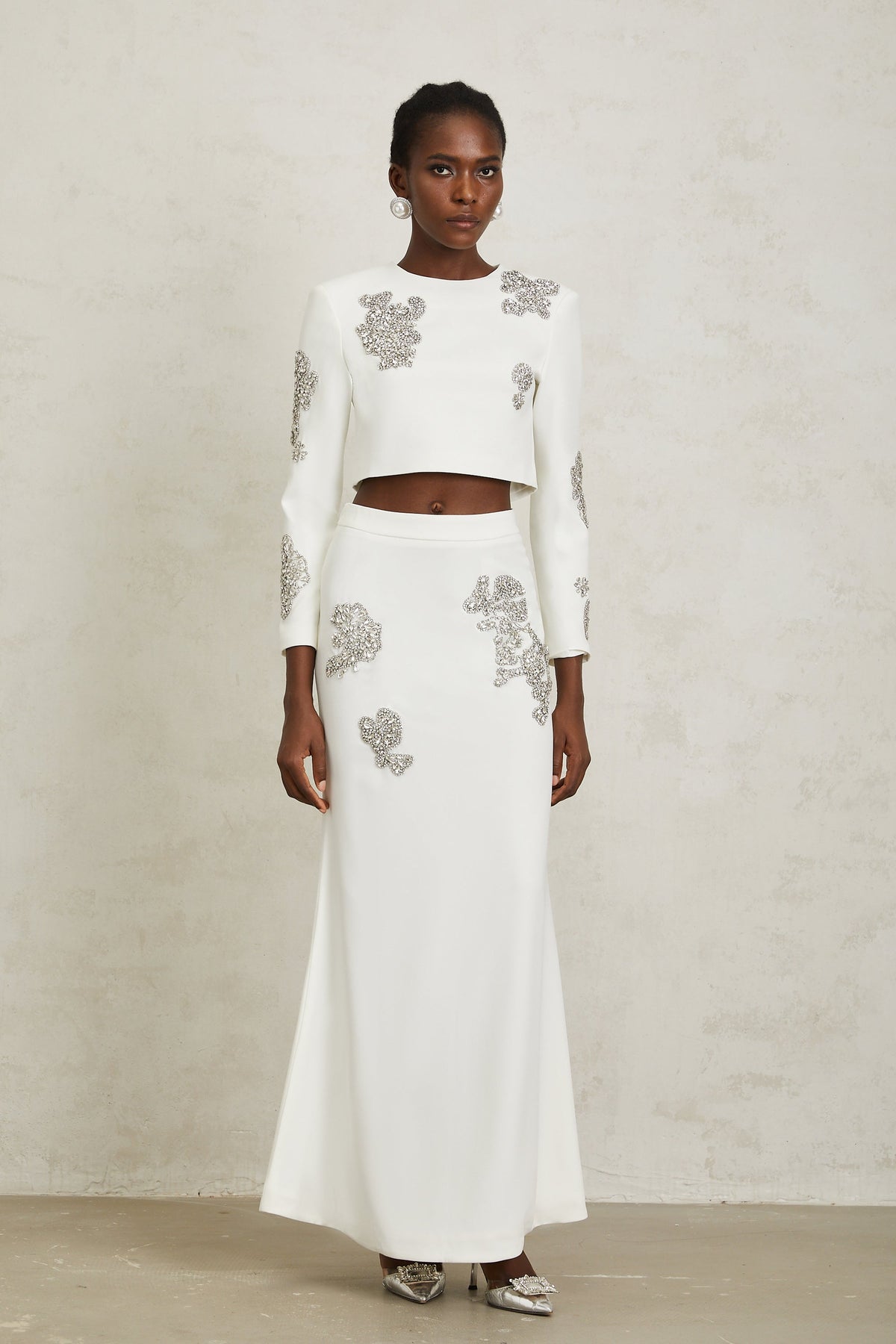 Luna White Crystal Embellished Top & Skirt Set - white