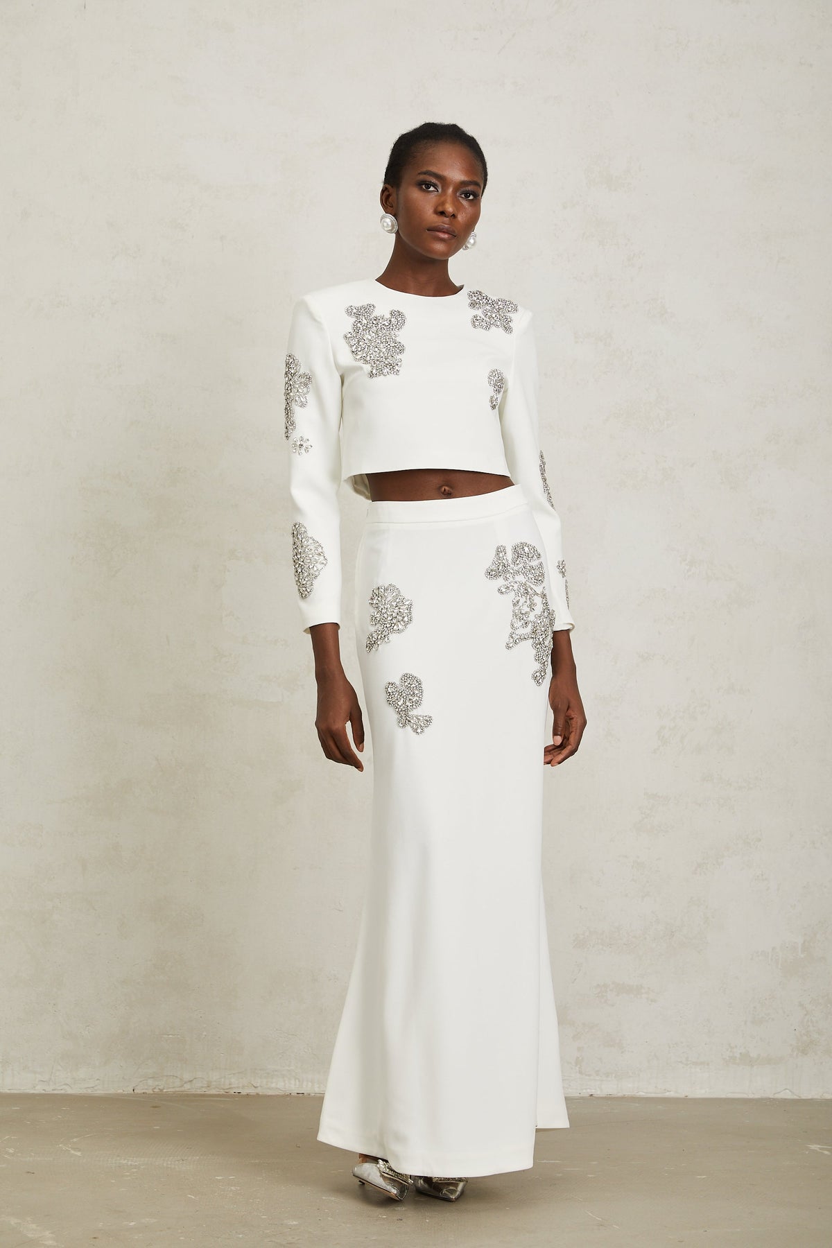 Luna White Crystal Embellished Top & Skirt Set - white