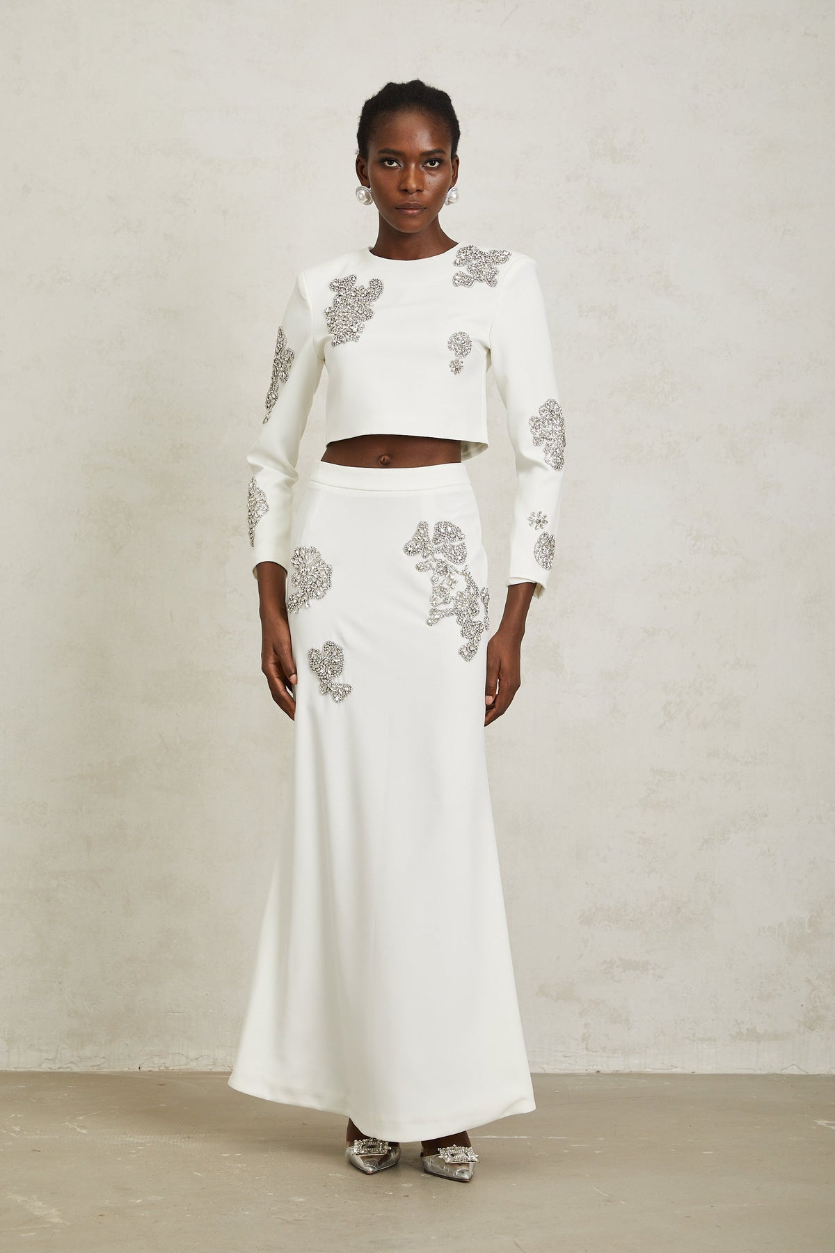 Luna White Crystal Embellished Top & Skirt Set - white