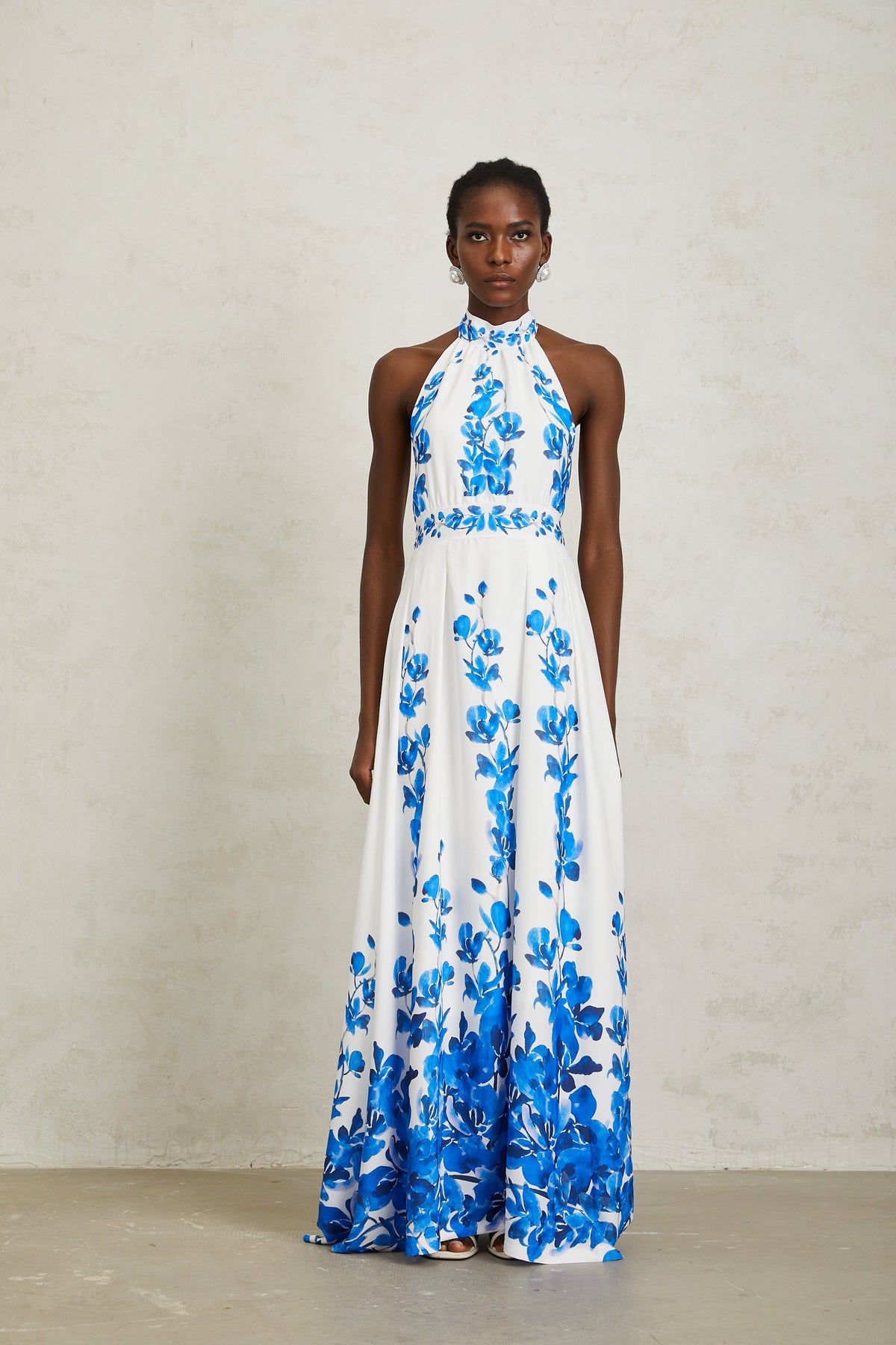 Lorena Blue Halterneck Floral Print Maxi Dress