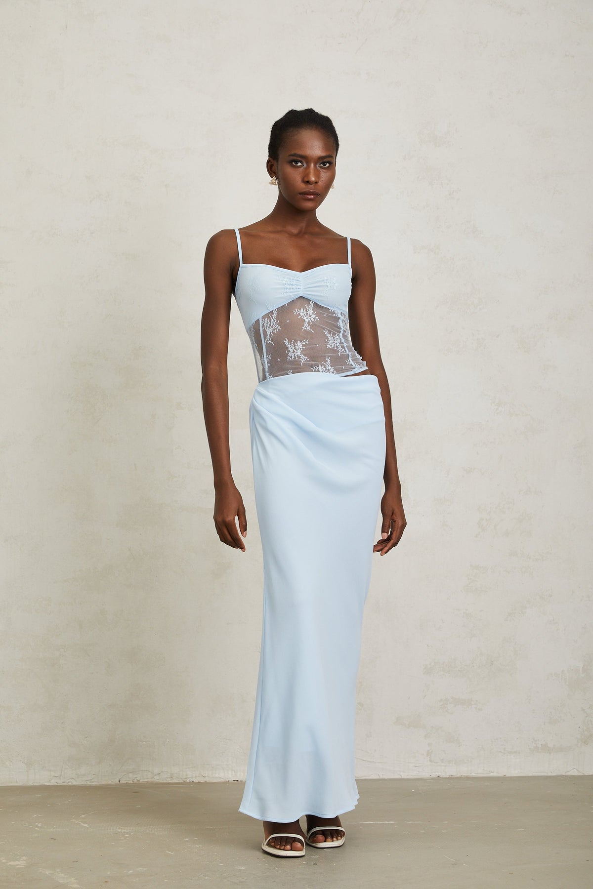 Maëlys Blue Floral Lace Panel Bustier Maxi Dress