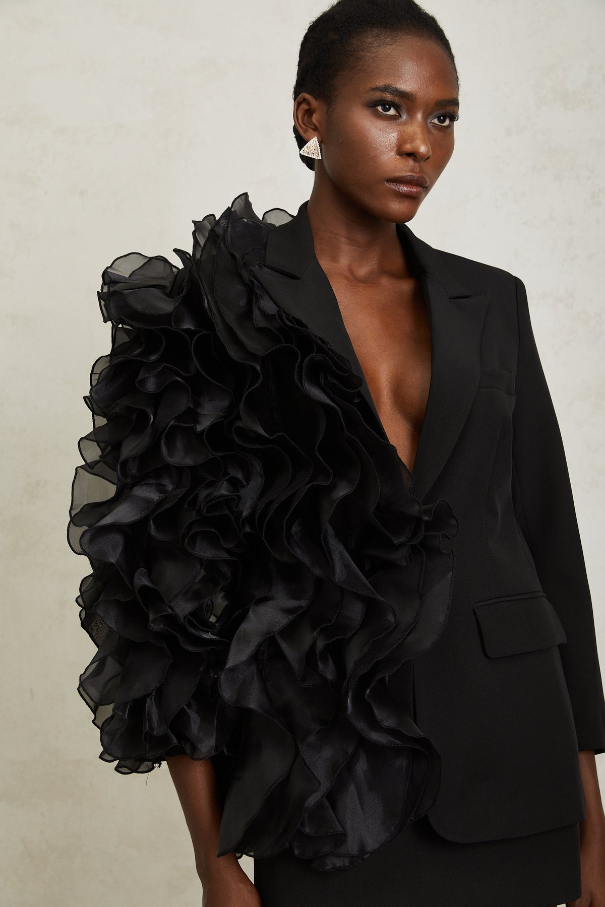 Justine Black Ruffled Tulle Panel Blazer