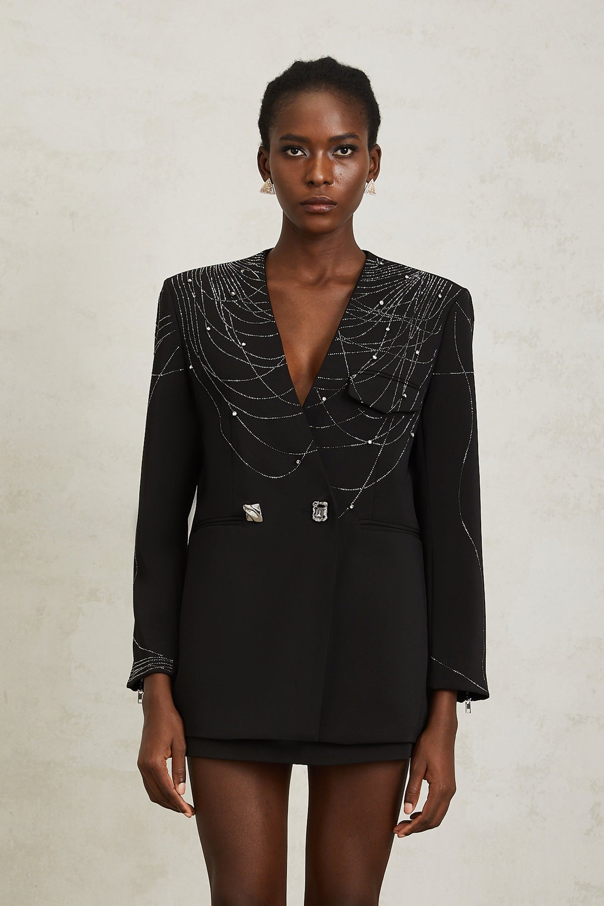 Nolwenn Black Web Pattern Rhinestone Blazer