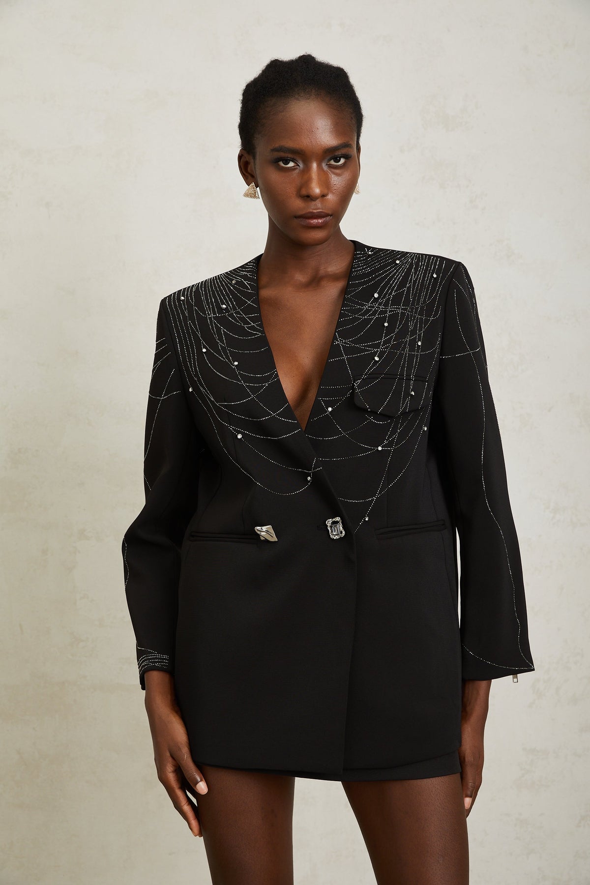 Nolwenn Black Web Pattern Rhinestone Blazer