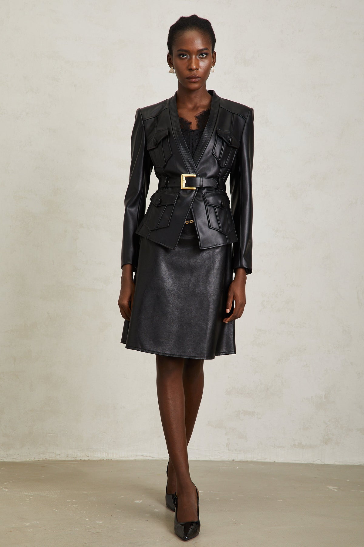 Isabel Black Belted Faux Leather Jacket
