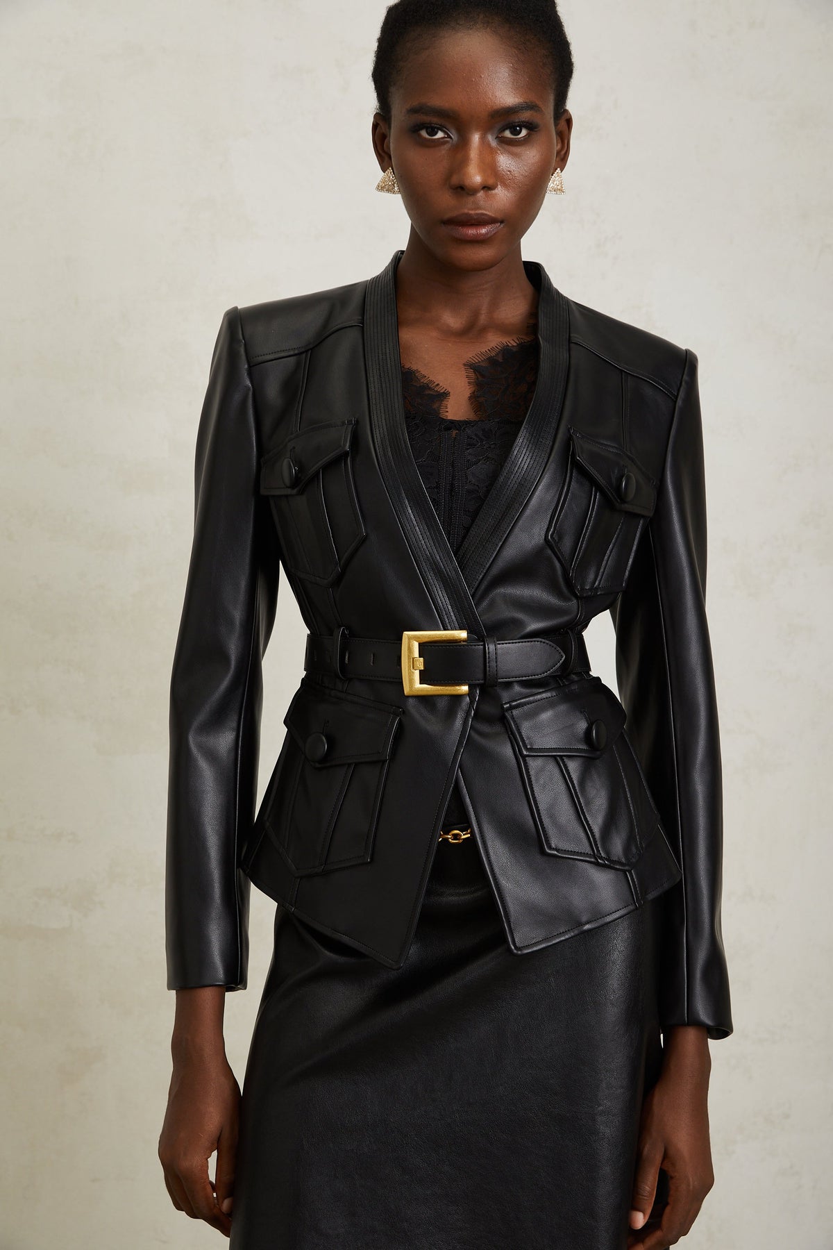 Isabel Black Belted Faux Leather Jacket