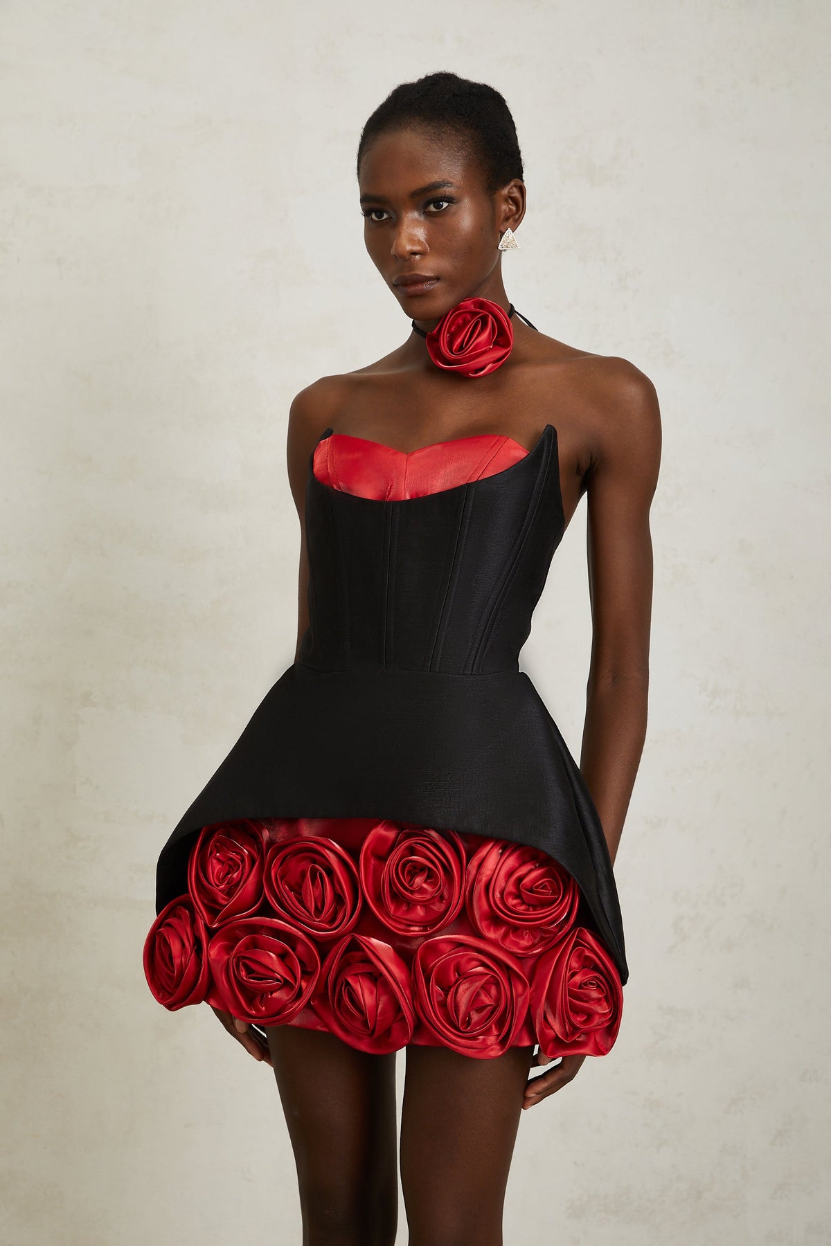 Joaquina Black Rose Appliqué Corset Mini Dress