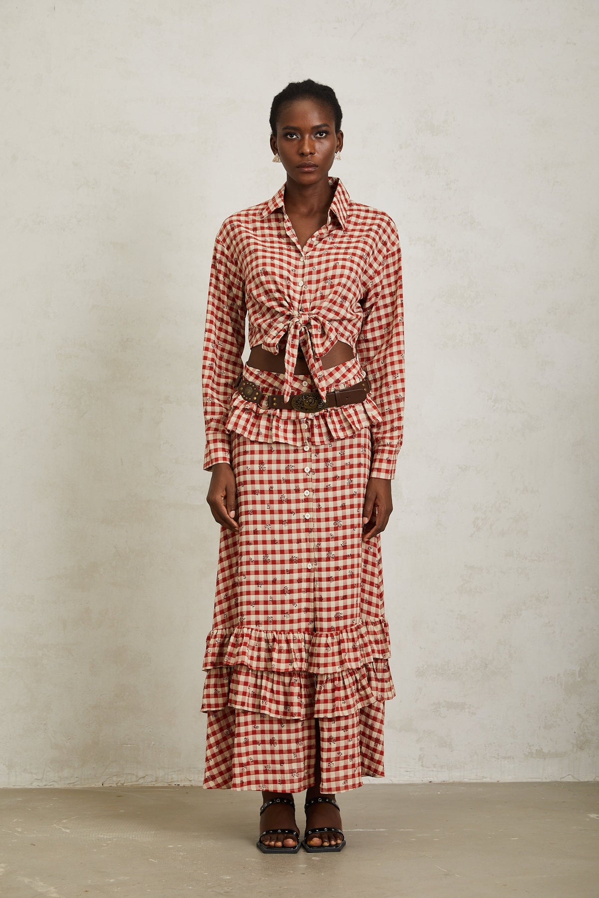 Céline Red Rose Print Plaid Shirt & Skirt Set - red