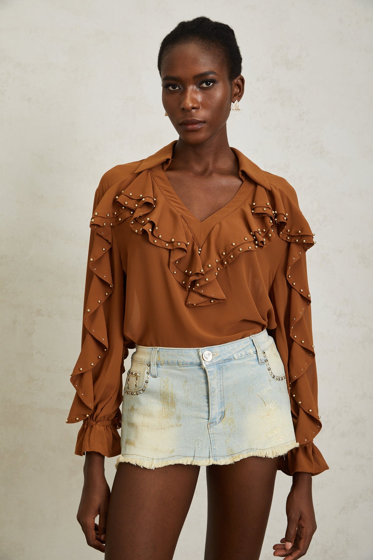 Isaline Caramel Beaded Ruffled Chiffon Blouse (Final Sale)