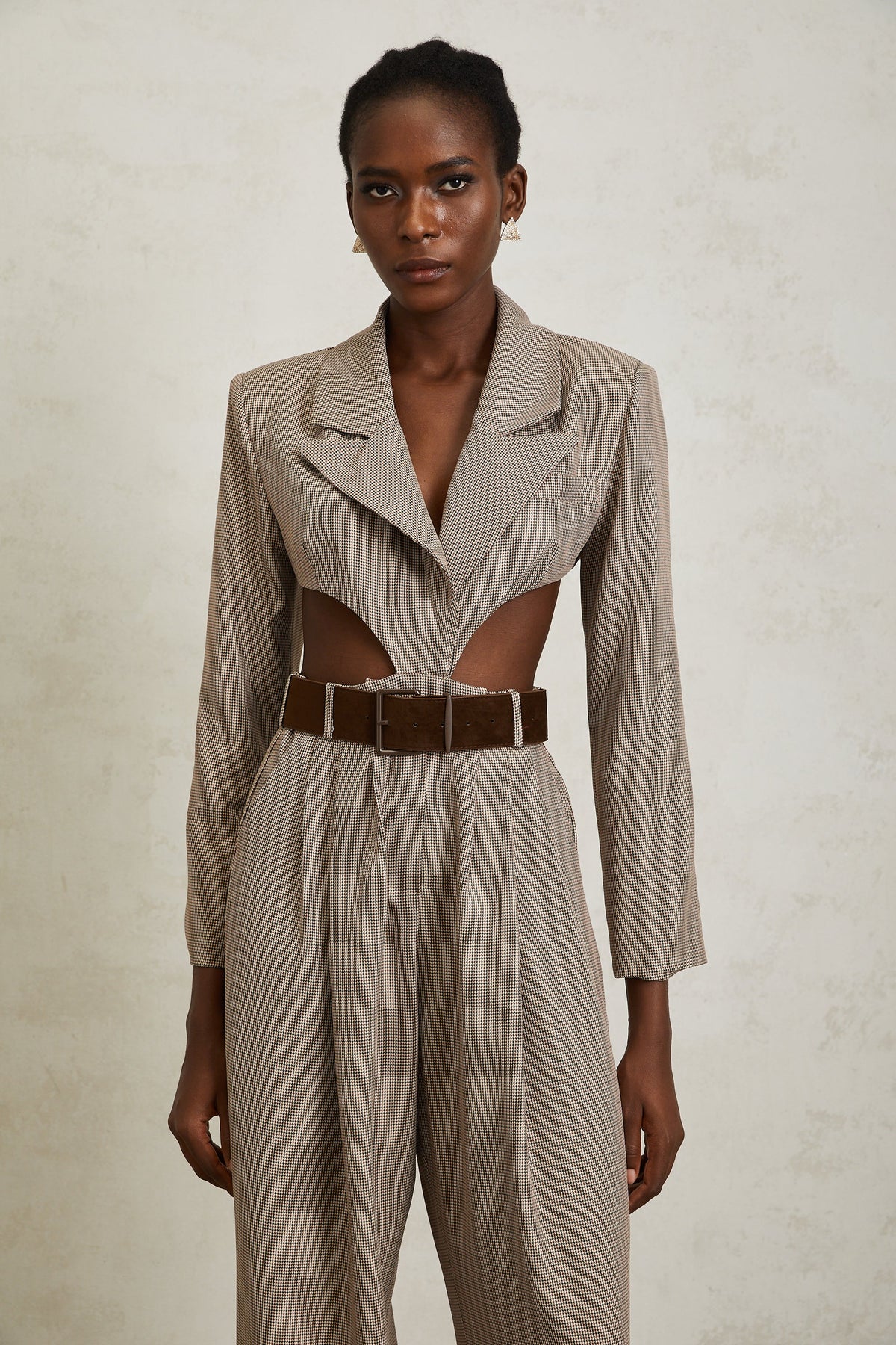 Cayetana Khaki Cut Out Houndstooth Jumpsuit