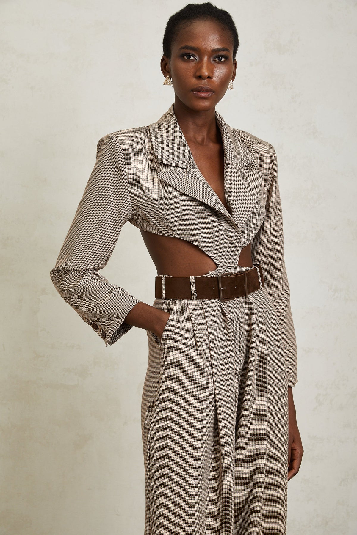 Cayetana Khaki Cut Out Houndstooth Jumpsuit