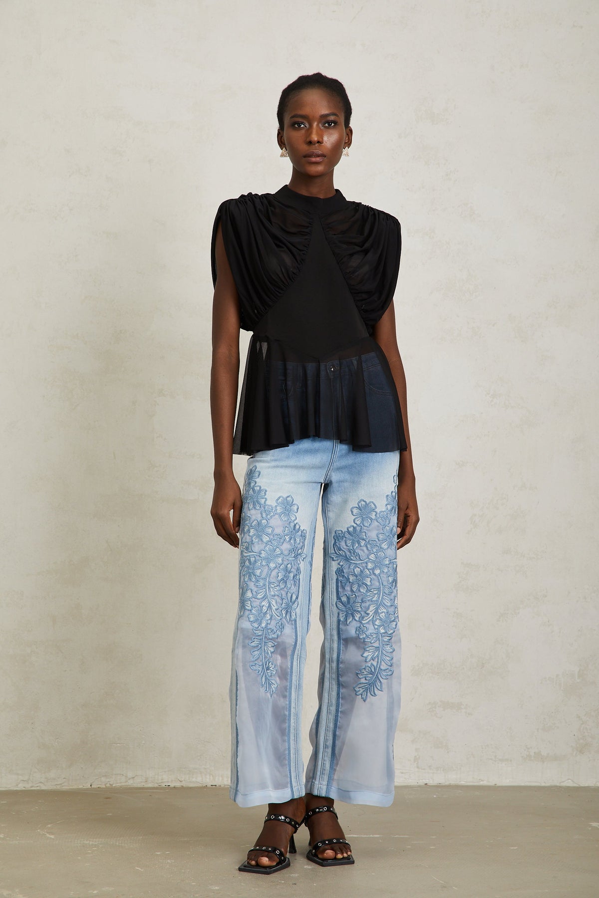 Aurore Black Ruched Mesh Top